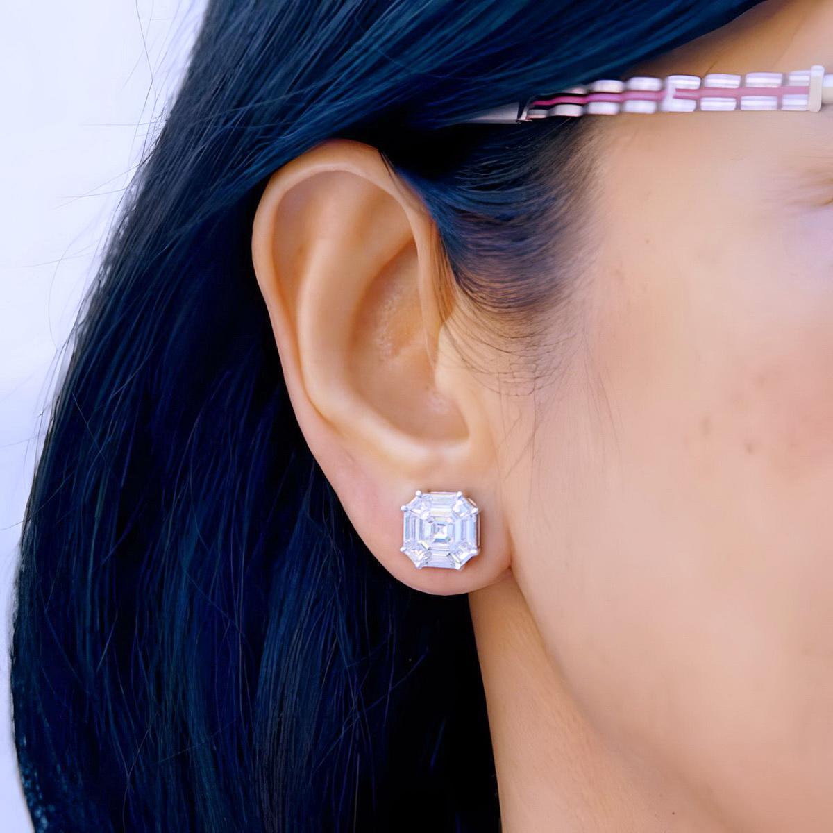 Asscher Cut Invisible set Ascher shaped Piecut diamond earrings For Sale