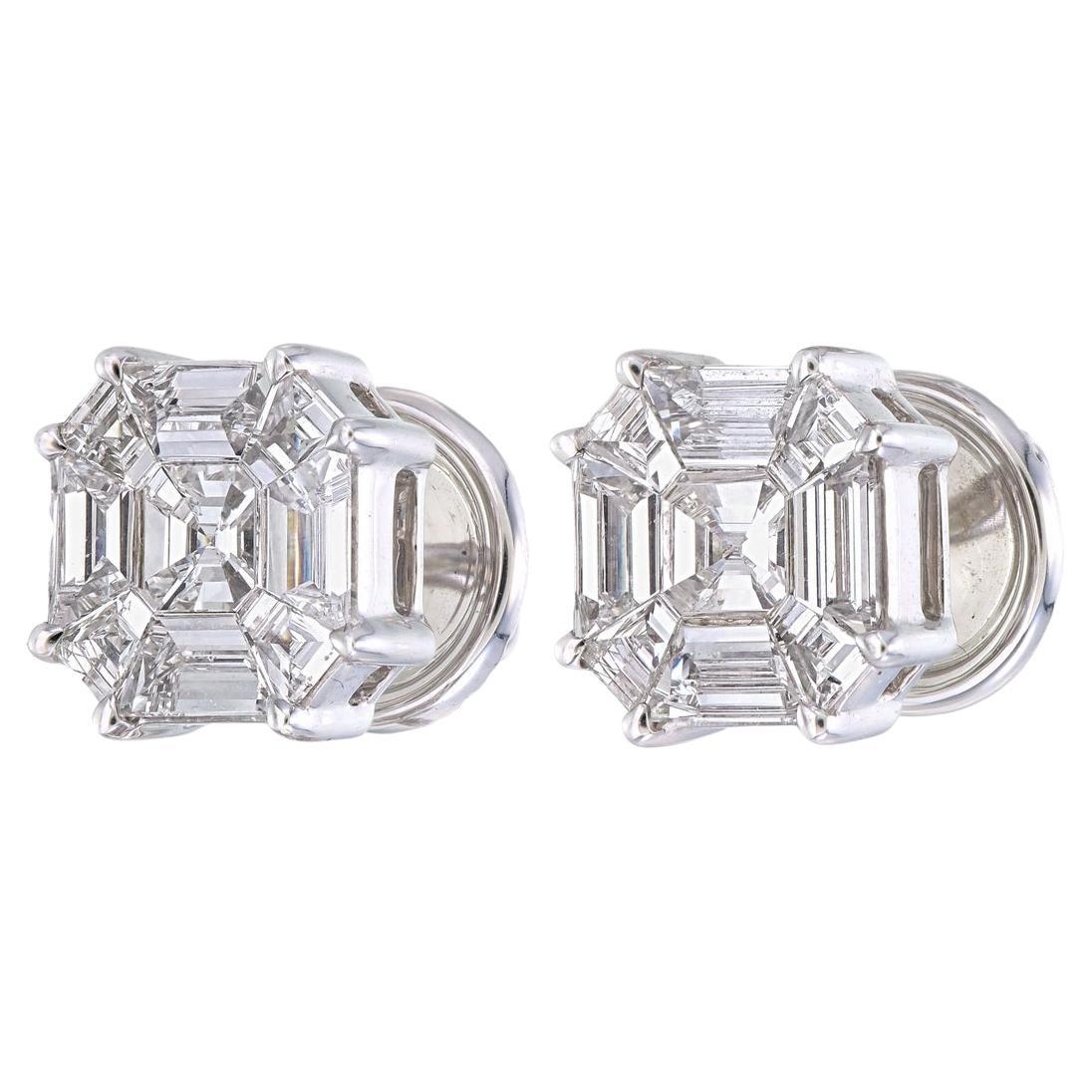 Invisible set Ascher shaped Piecut diamond earrings For Sale