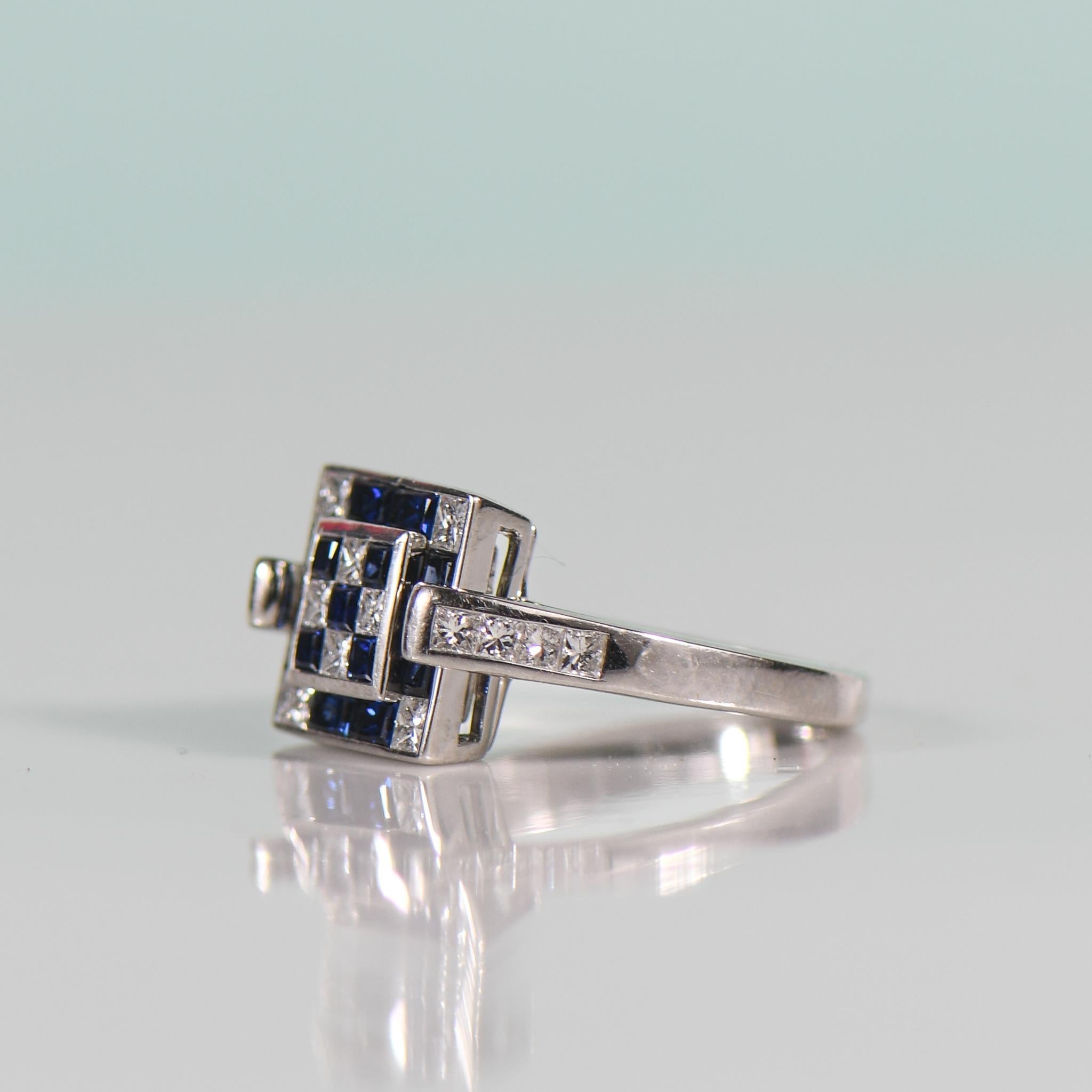 Modern Invisible Set Blue Sapphire and Diamond Checkerboard in 18K White Gold Ring For Sale
