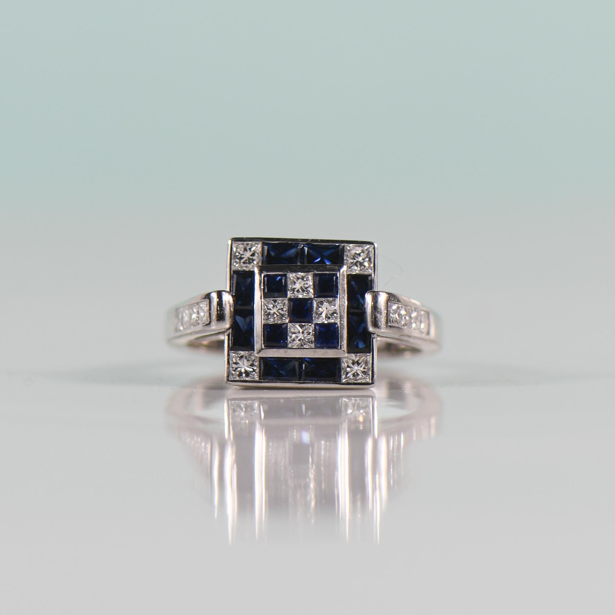 Women's Invisible Set Blue Sapphire and Diamond Checkerboard in 18K White Gold Ring For Sale