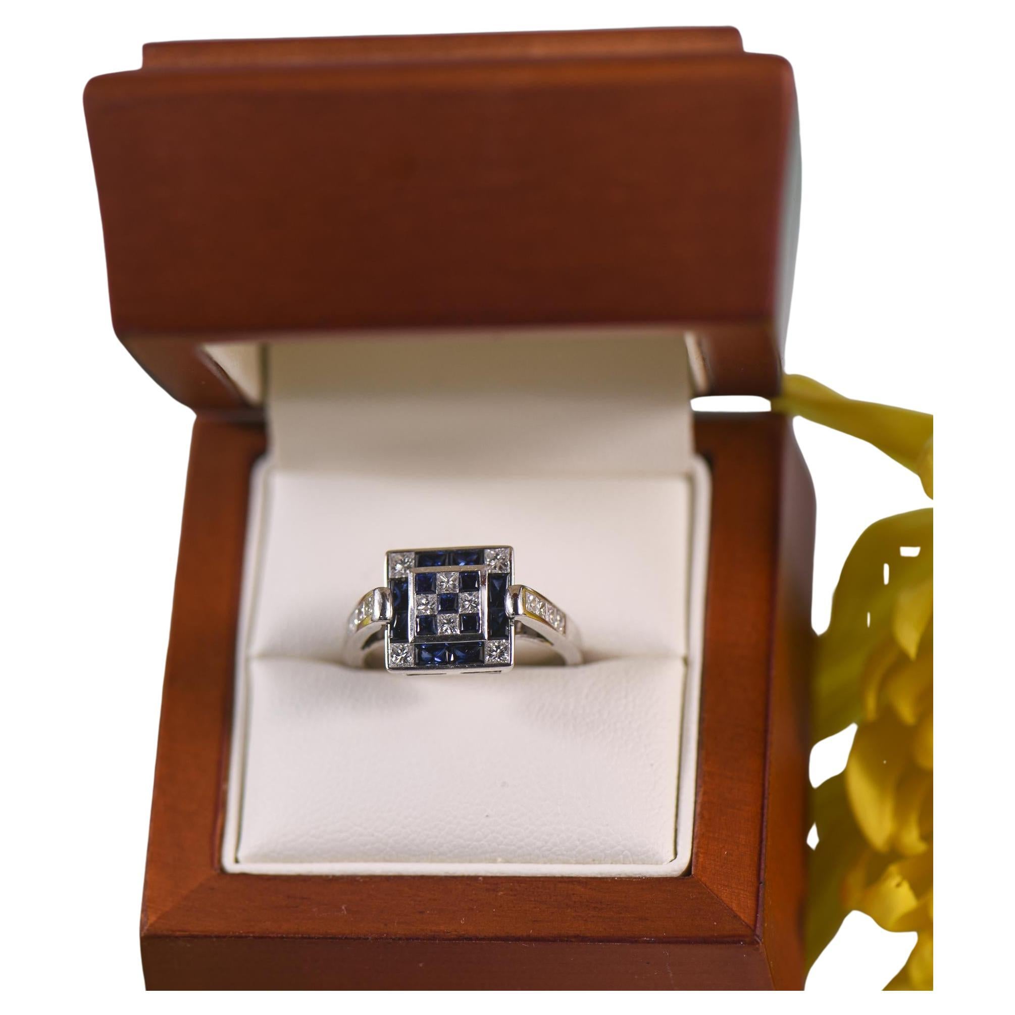 Invisible Set Blue Sapphire and Diamond Checkerboard in 18K White Gold Ring For Sale