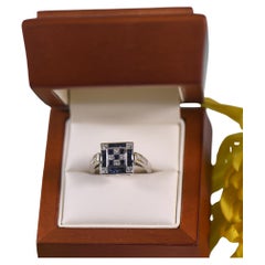 Invisible Set Blue Sapphire and Diamond Checkerboard in 18K White Gold Ring