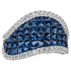 Invisible Set Blue Sapphire and Diamond Curved Fashion Ring in White Gold