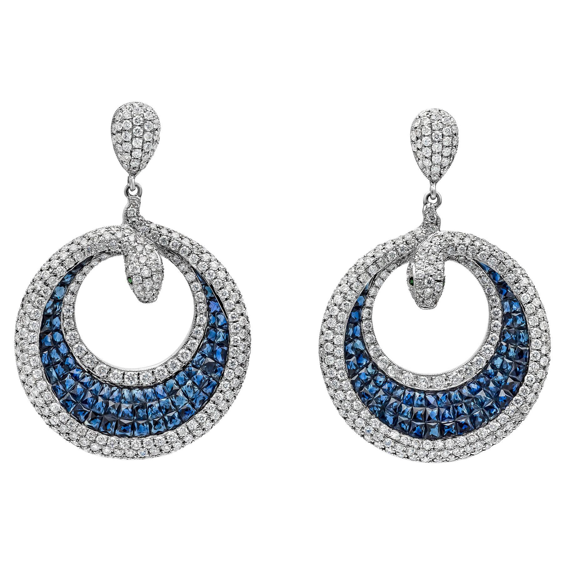 10.73 Carats Total Blue Sapphire and Diamond Serpent Dangle Earrings