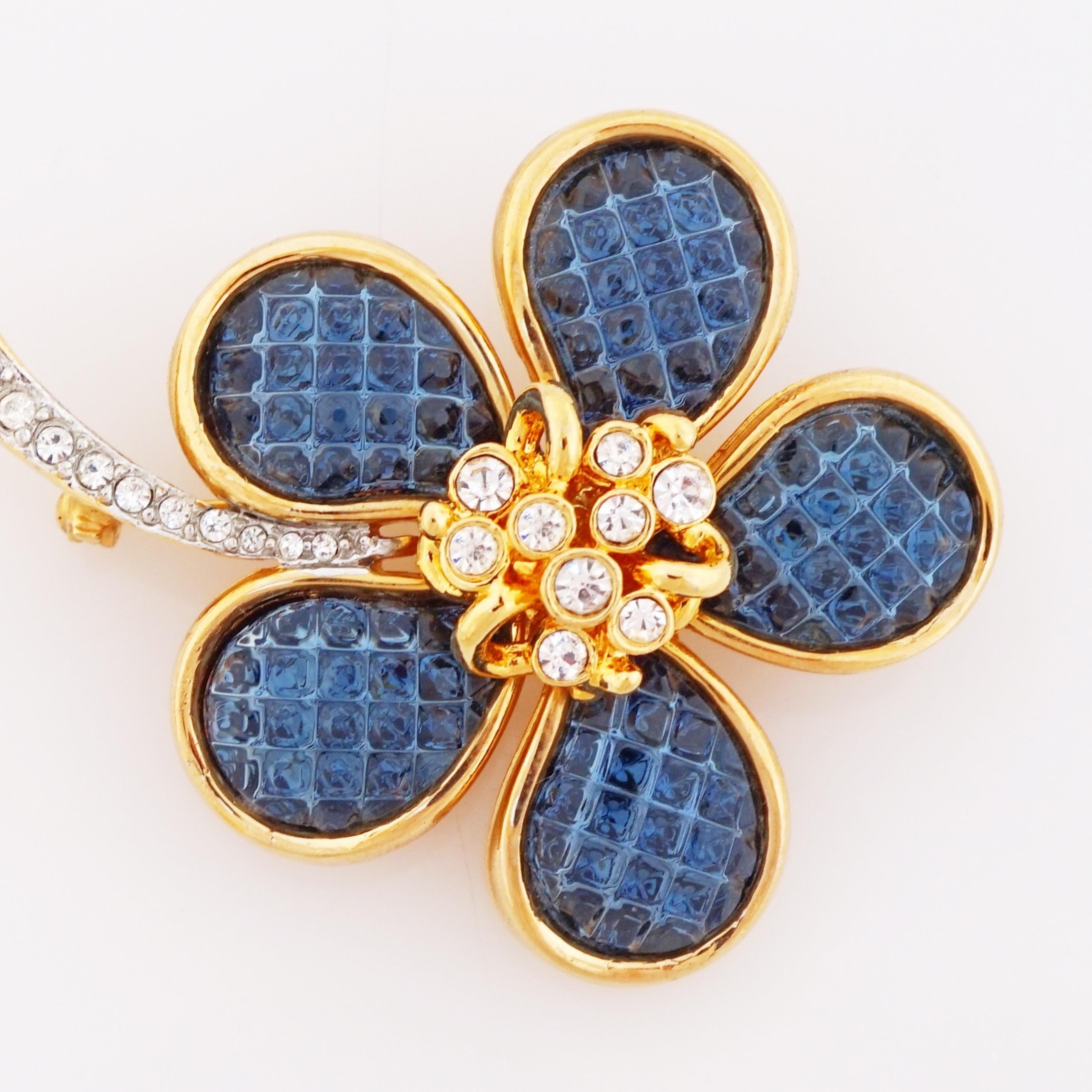 Modern Invisible Set Blue Sapphire Crystal Flower Brooch By Kenneth Jay Lane, 1980s