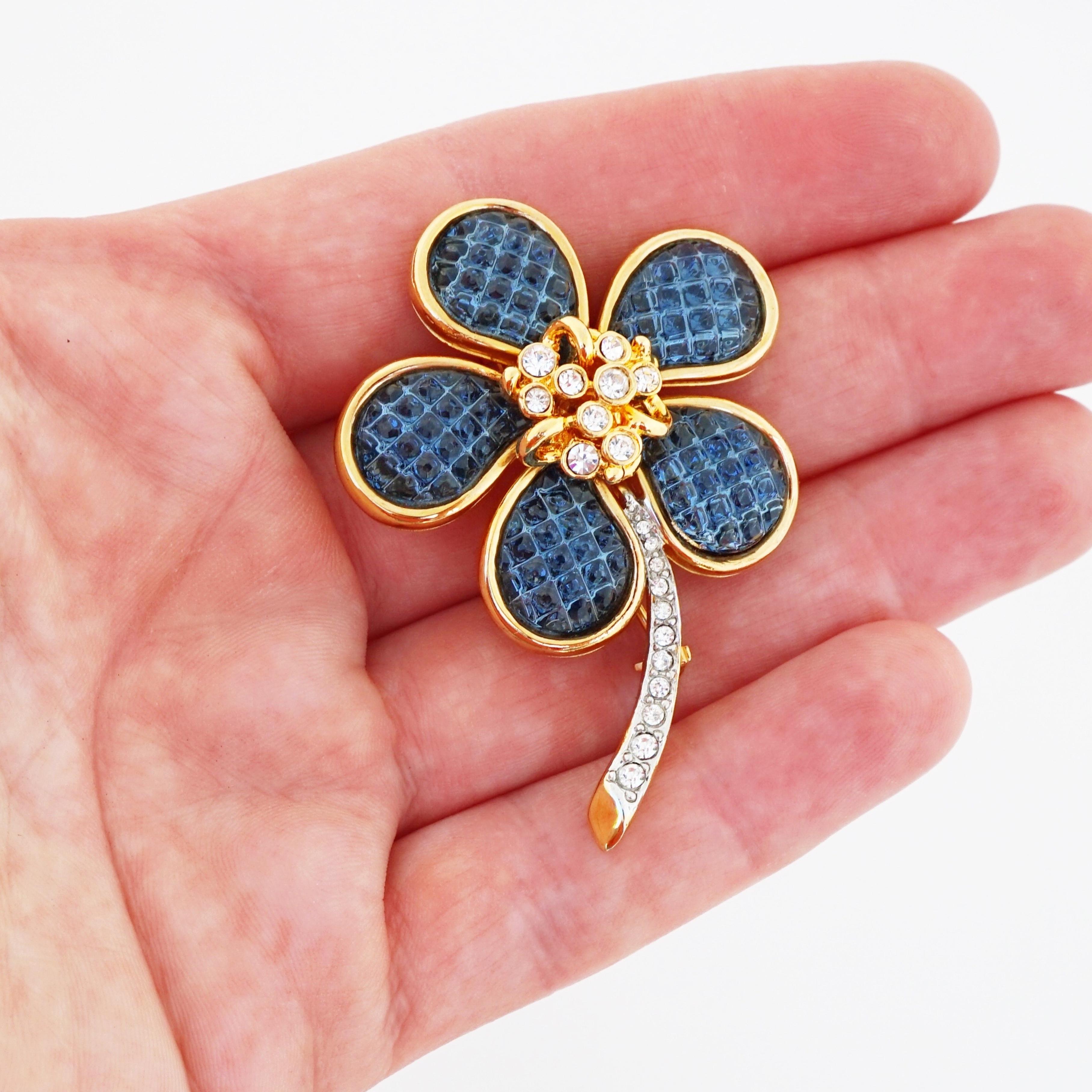 Women's Invisible Set Blue Sapphire Crystal Flower Brooch By Kenneth Jay Lane, 1980s