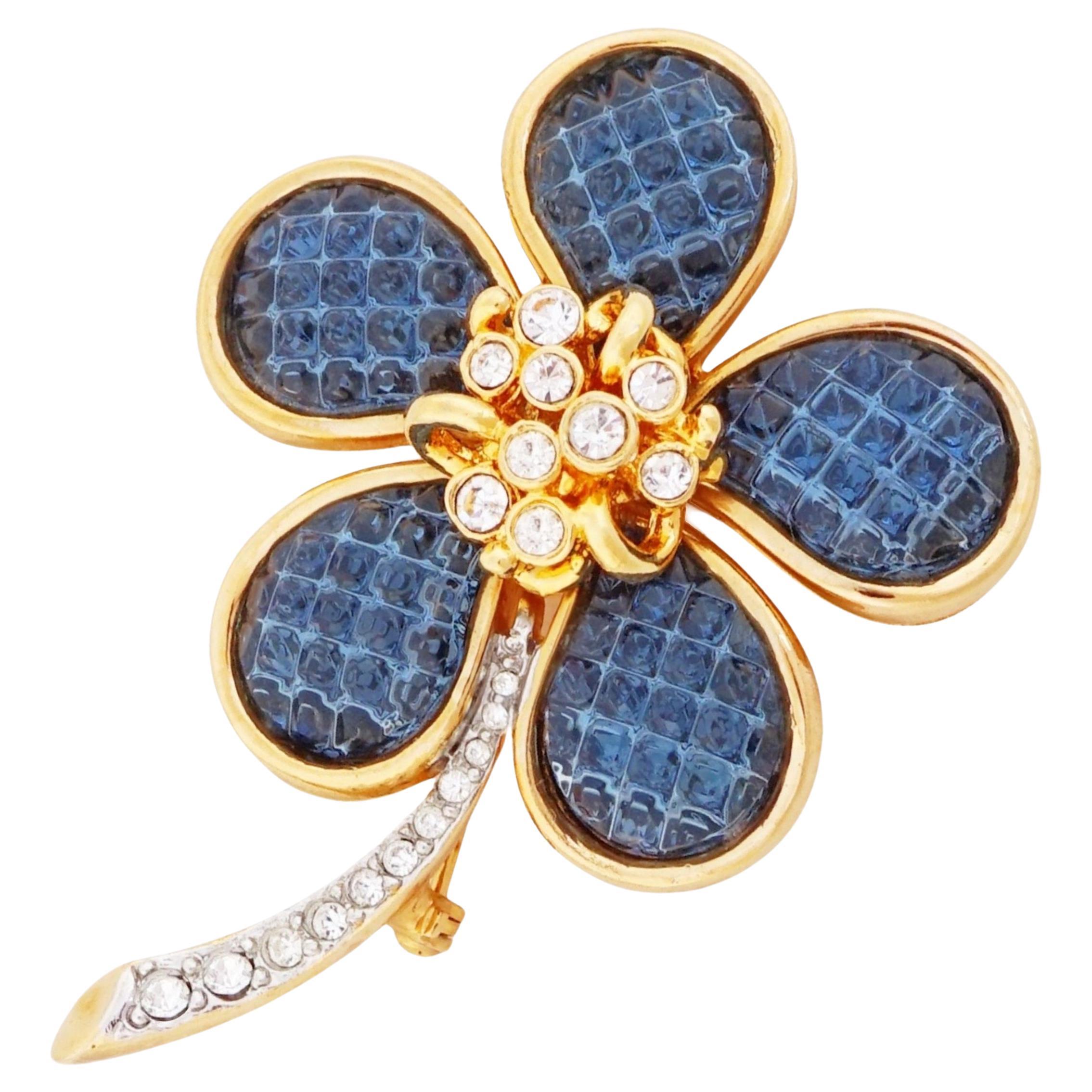 Invisible Set Blue Sapphire Crystal Flower Brooch By Kenneth Jay Lane, 1980s