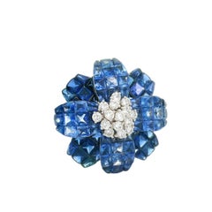 Invisible-Set Blue Sapphire Diamond 18k White Gold Flower Brooch & Pendant