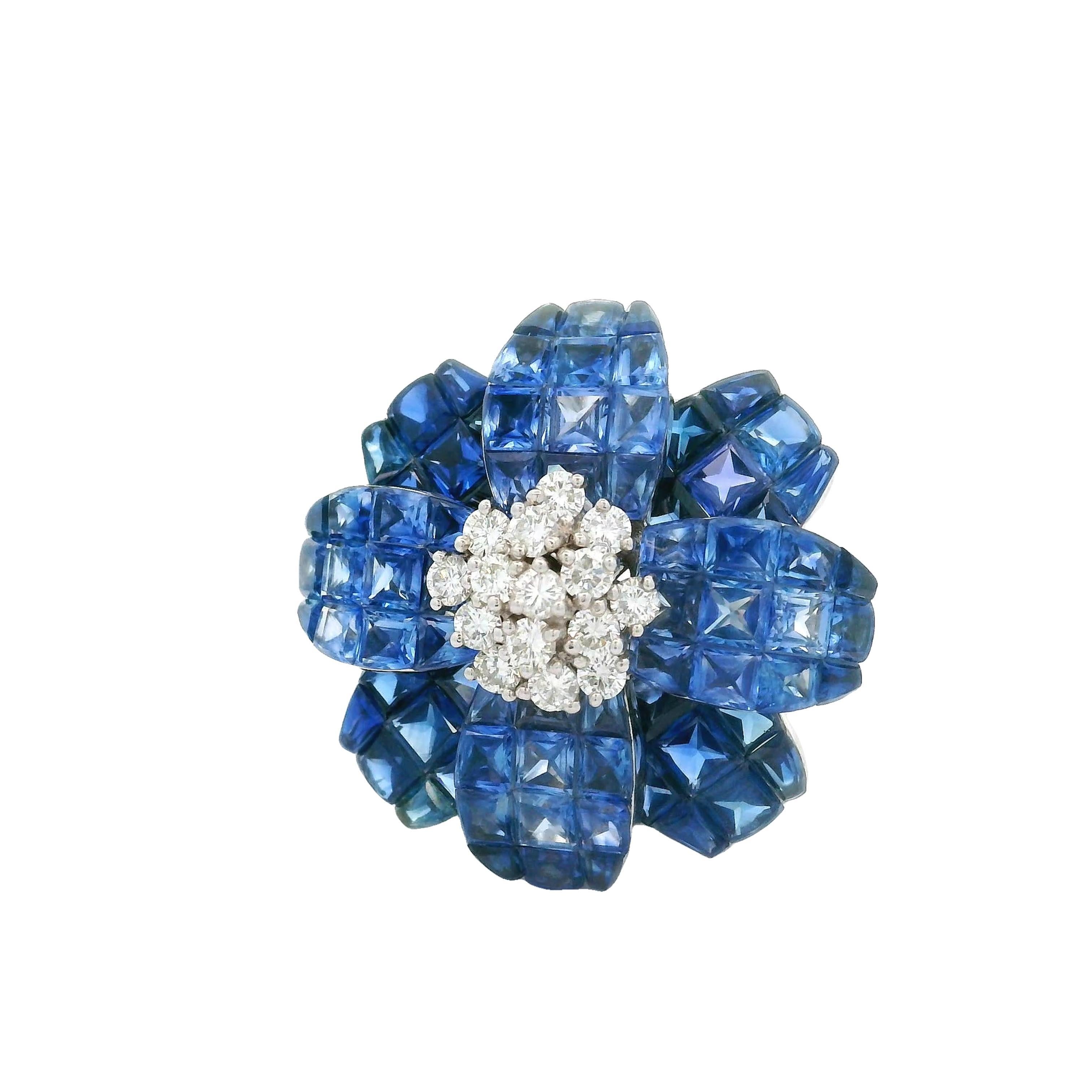 Modern Invisible-Set Blue Sapphire Diamond 18k White Gold Flower Brooch & Pendant For Sale