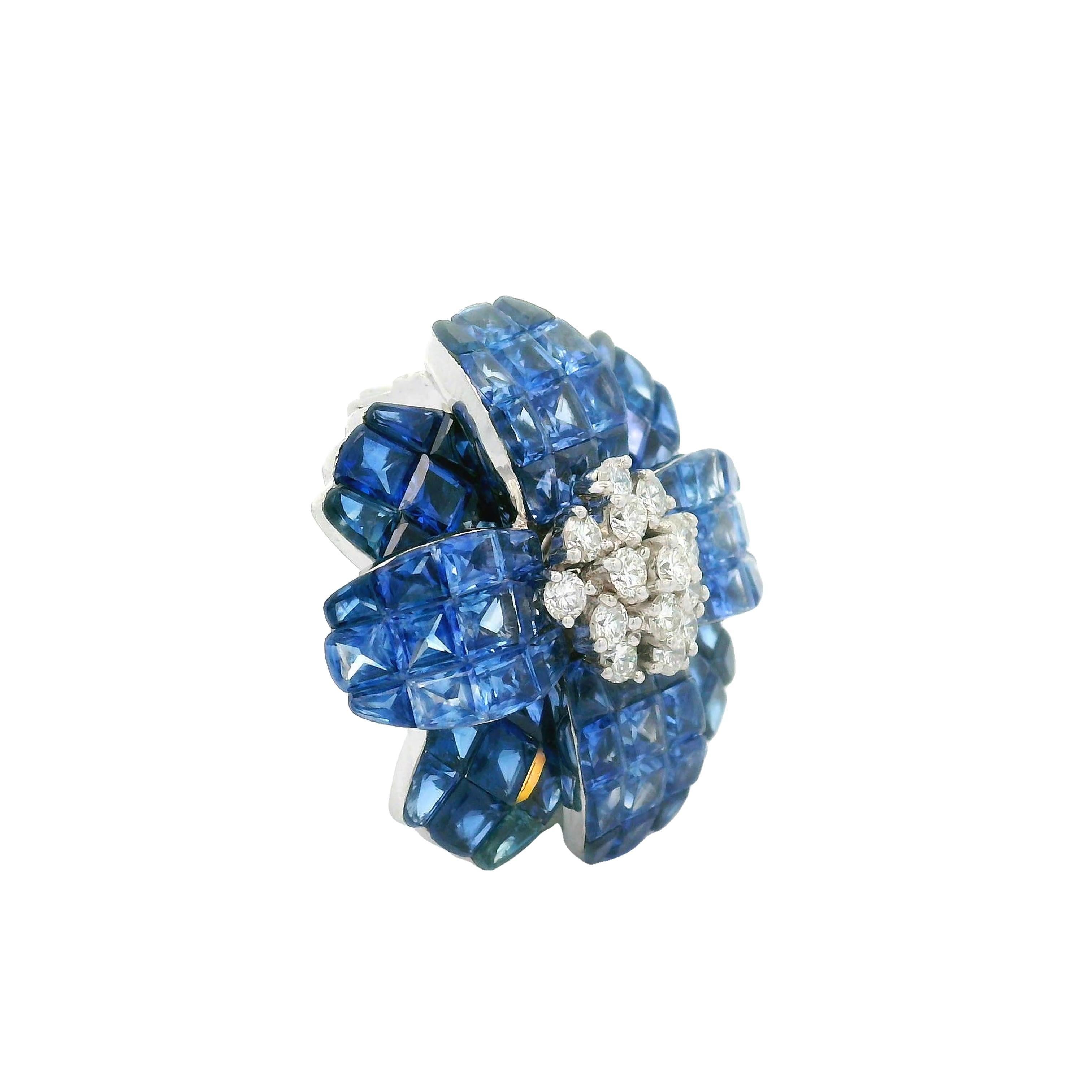 Mixed Cut Invisible-Set Blue Sapphire Diamond 18k White Gold Flower Brooch & Pendant For Sale