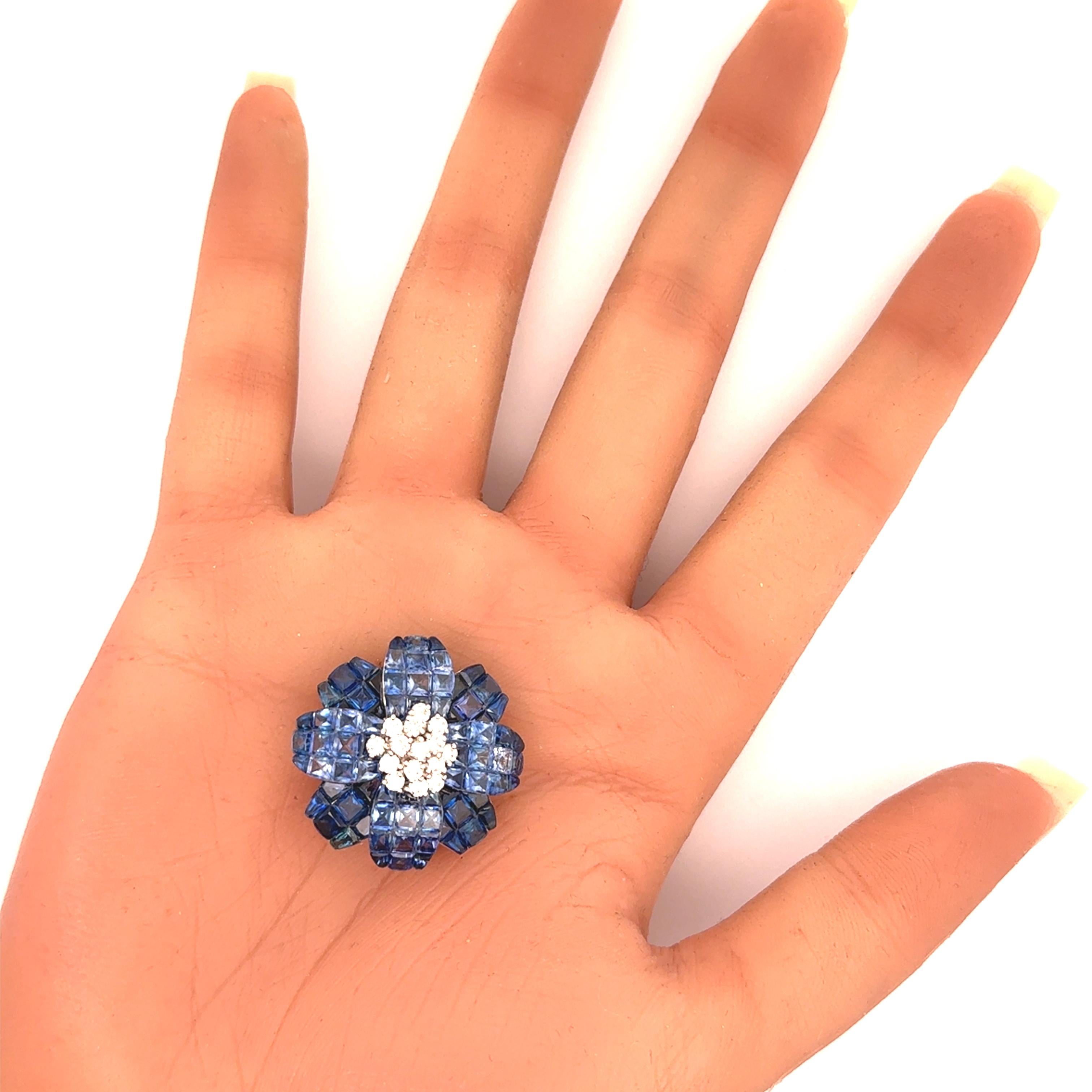 Women's Invisible-Set Blue Sapphire Diamond 18k White Gold Flower Brooch & Pendant For Sale