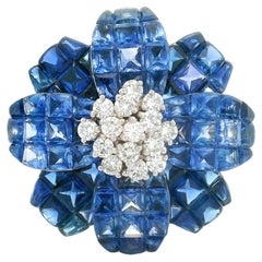 Broche y Colgante Flor Zafiro Azul Diamante Oro Blanco 18k Engastado Invisible