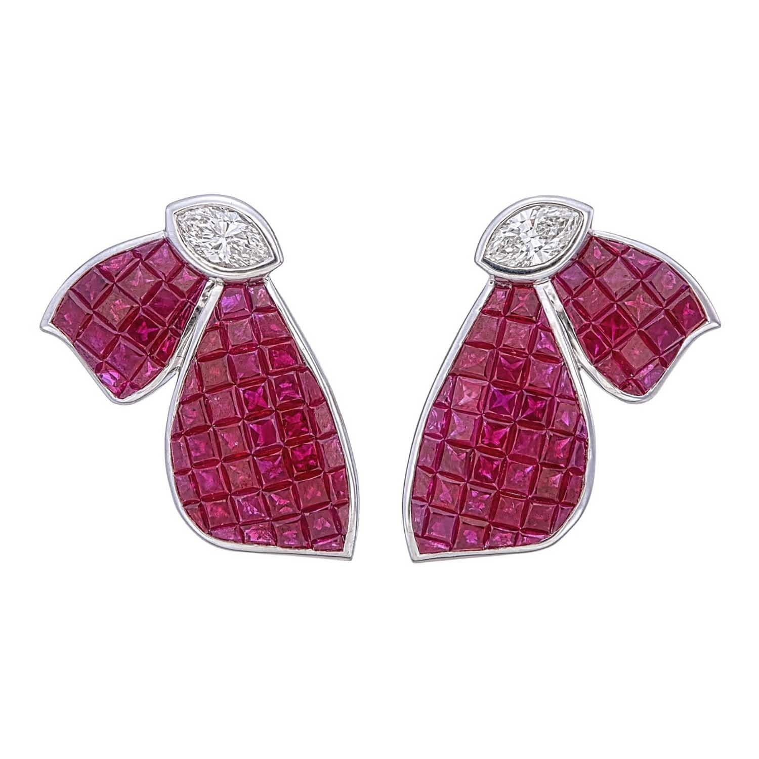 Artisan 18kt white gold Invisible set butterfly Ruby & diamond earrings For Sale