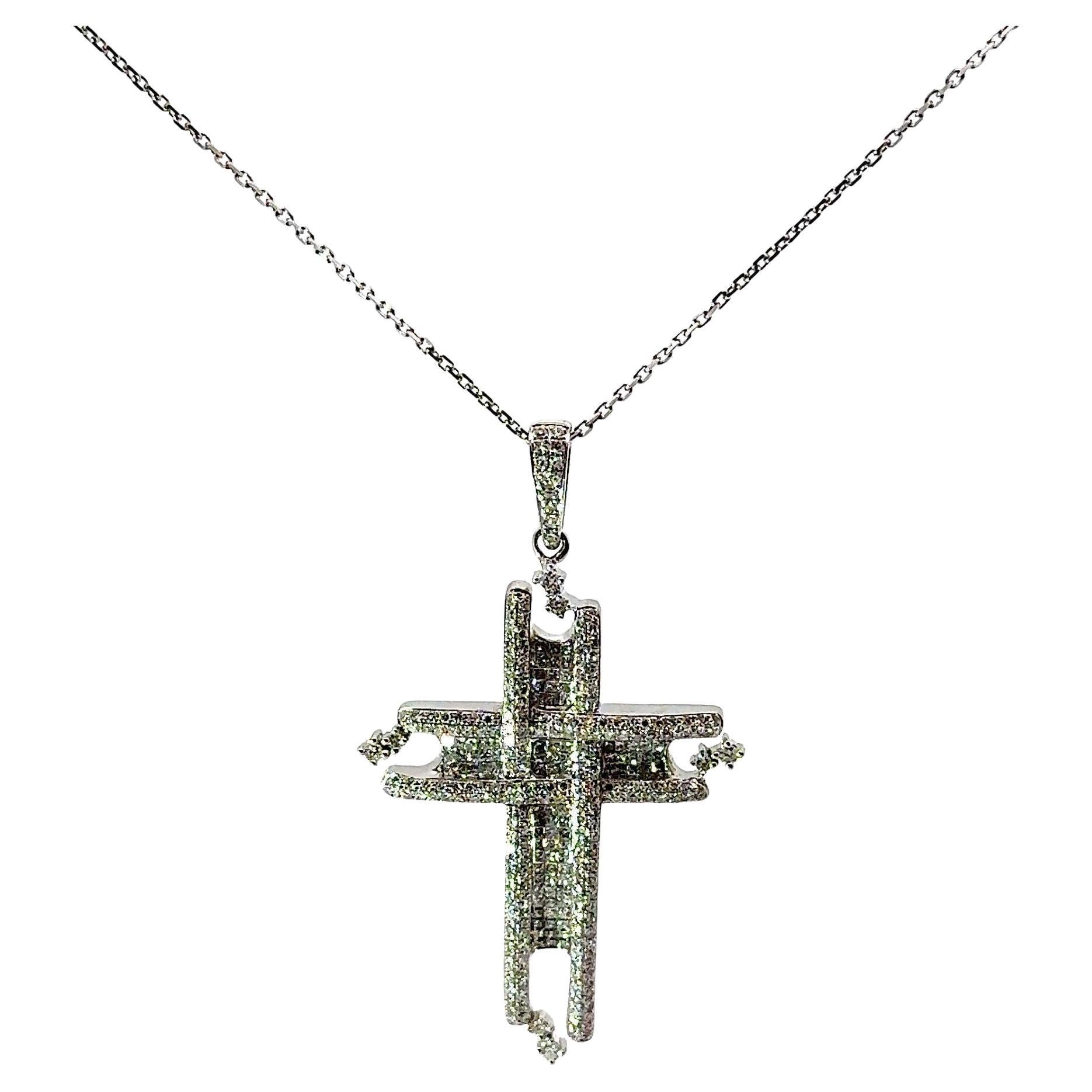 Invisible-Set Diamond 14k White Gold Cross Pendant Necklace