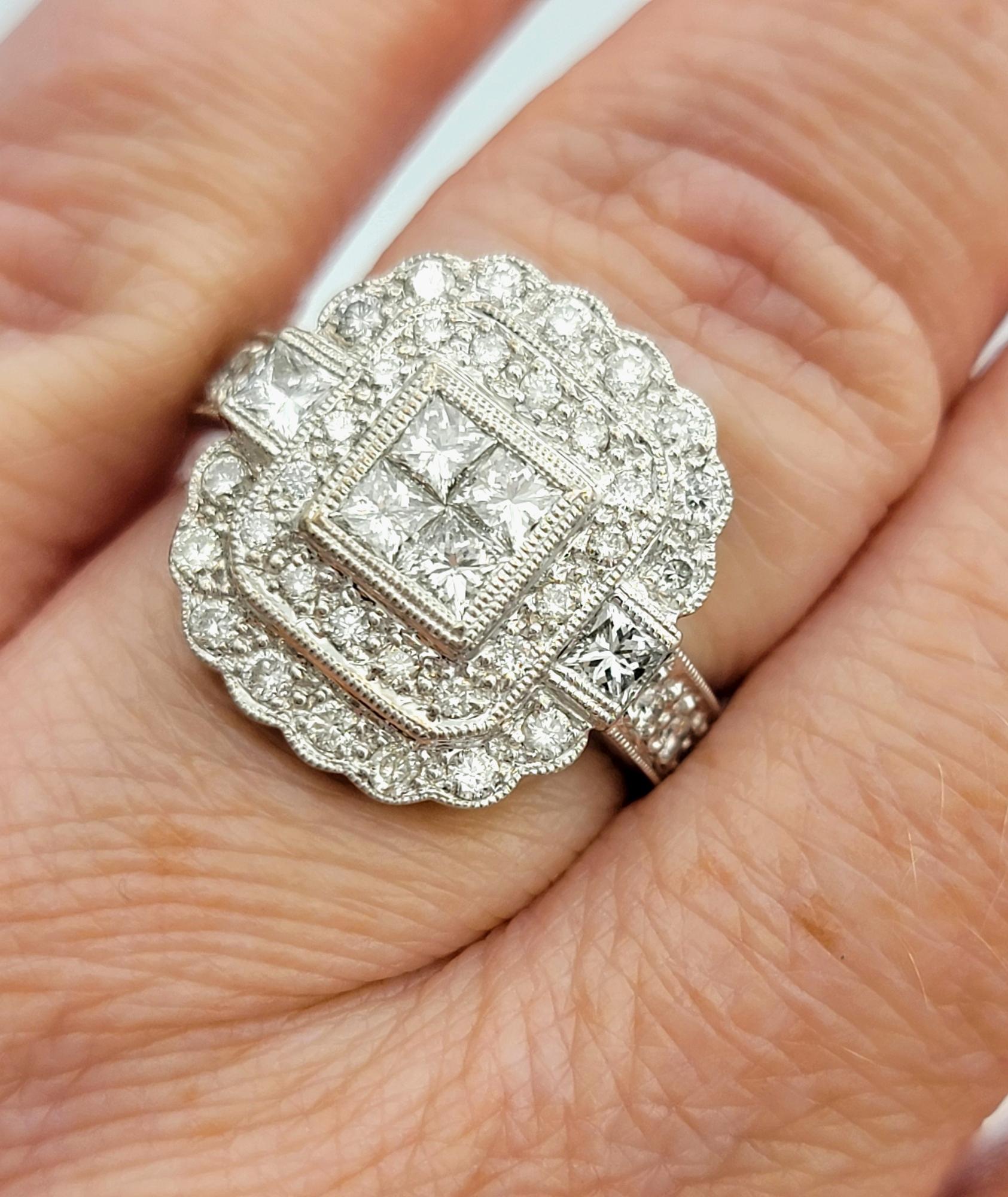 Invisible Set Diamond Double Halo Milgrain Engagement Ring 14 Karat White Gold For Sale 4