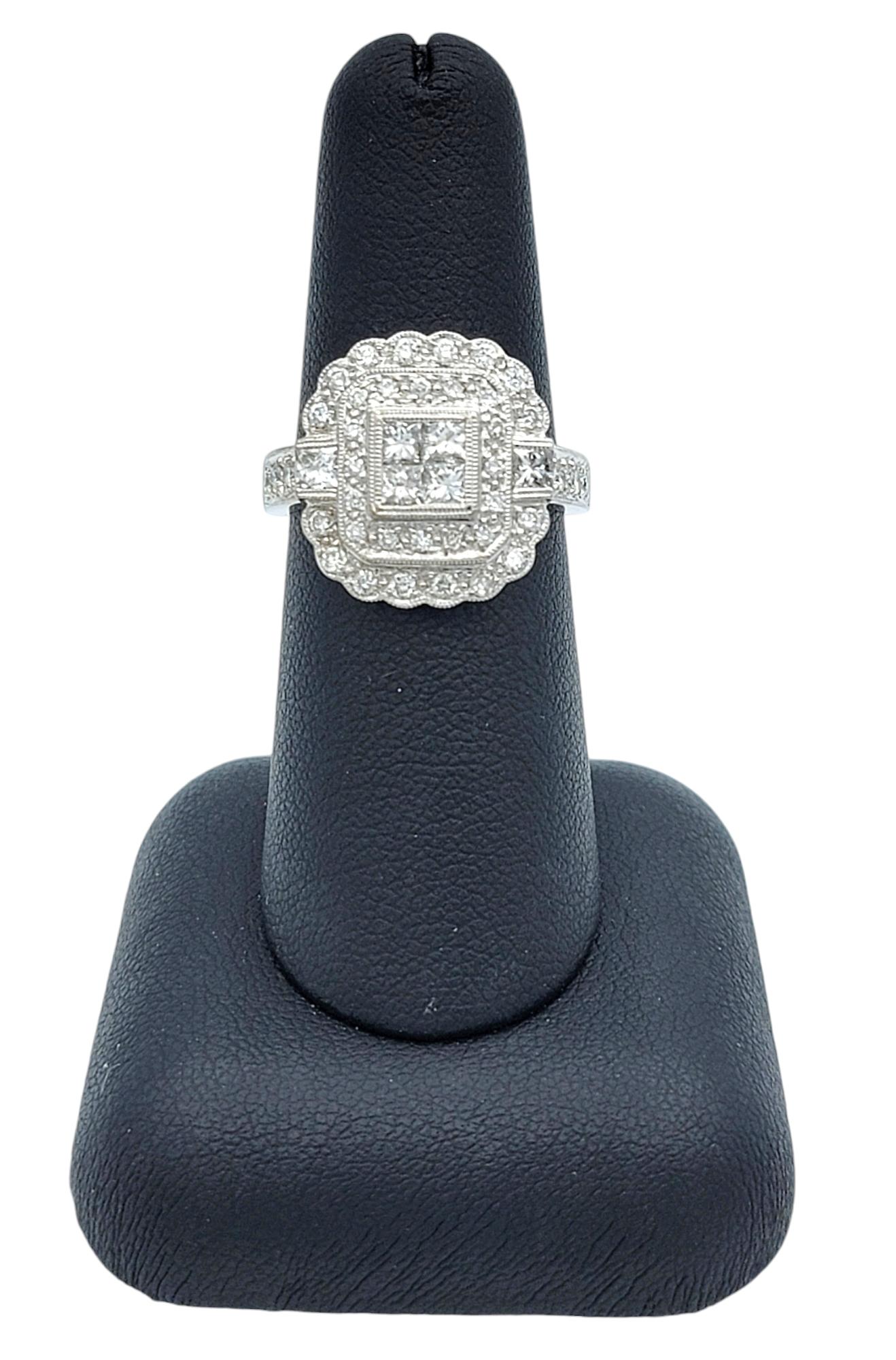 Invisible Set Diamond Double Halo Milgrain Engagement Ring 14 Karat White Gold For Sale 5