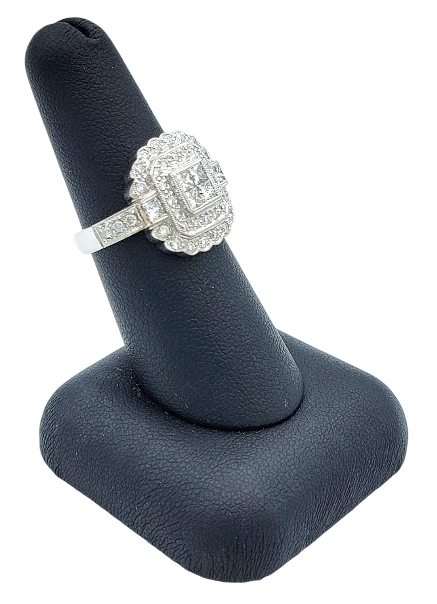 Invisible Set Diamond Double Halo Milgrain Engagement Ring 14 Karat White Gold For Sale 6