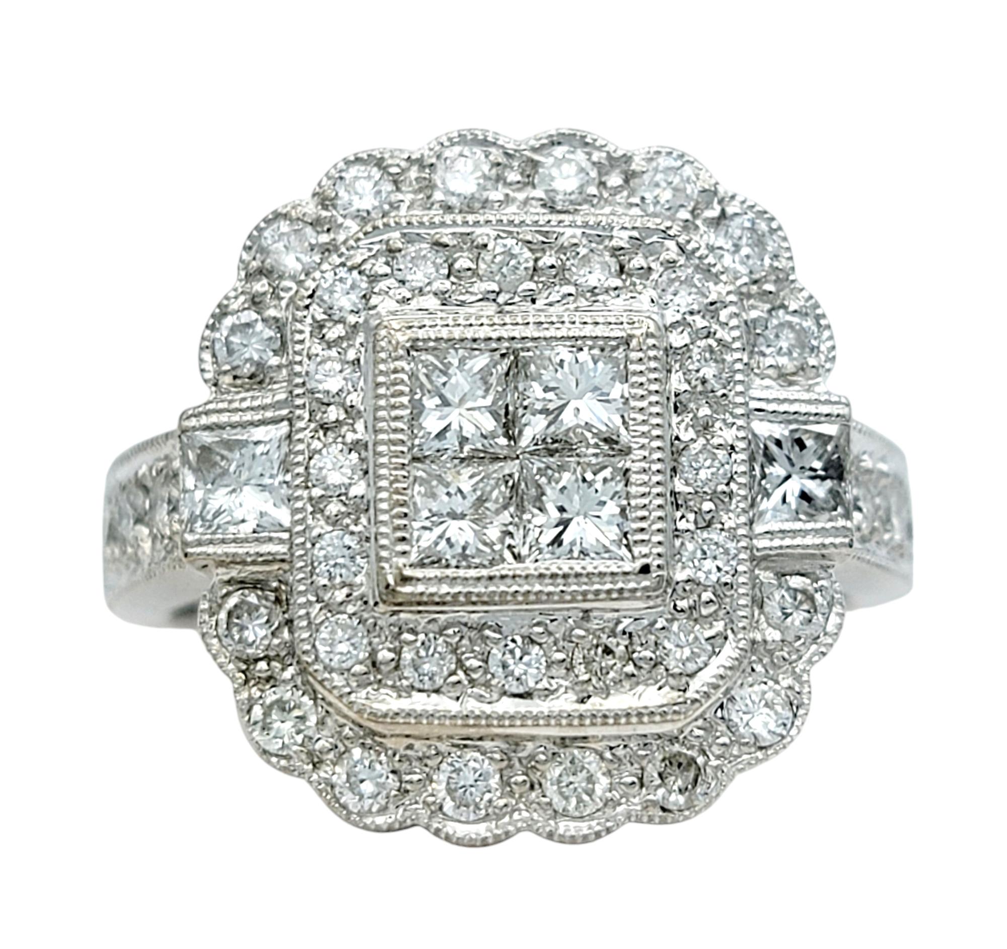 Ring Size: 7 

Discover the epitome of elegance with this breathtaking double halo engagement ring, featuring an innovative invisible set cluster of diamonds in lustrous 14-karat white gold. The center boasts a stunning arrangement of 4 princess-cut