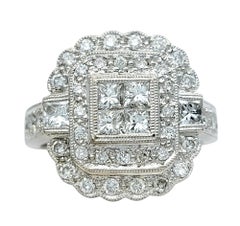 Invisible Set Diamond Double Halo Milgrain Engagement Ring 14 Karat White Gold