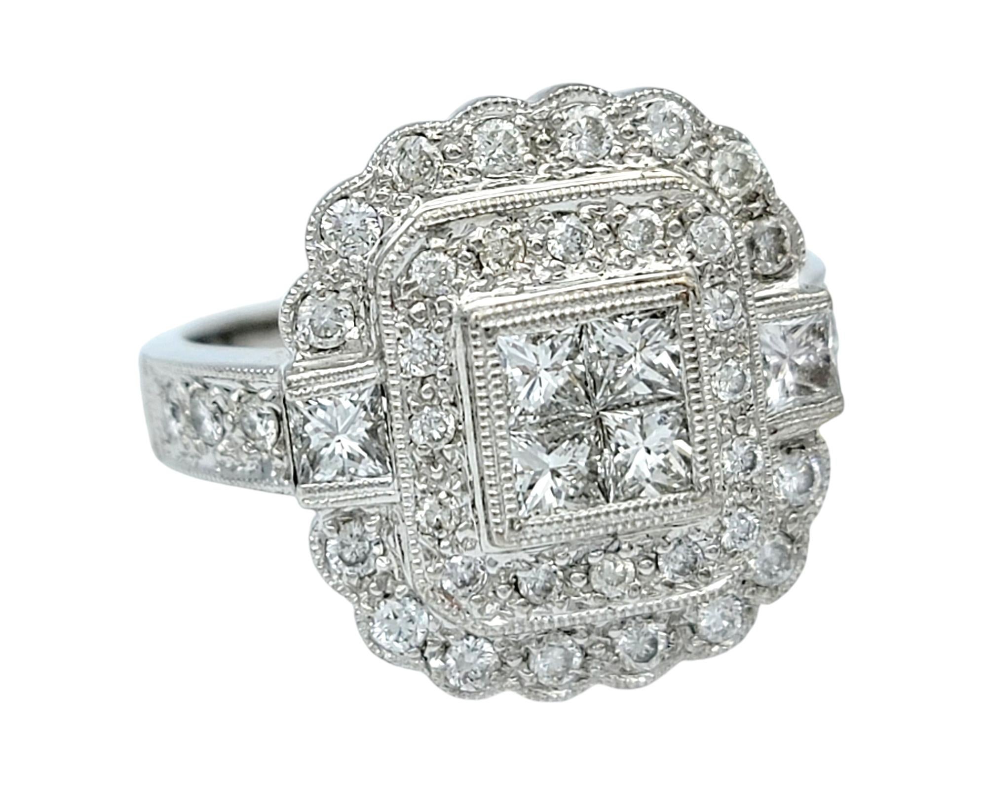Contemporary Invisible Set Diamond Double Halo Milgrain Engagement Ring 14 Karat White Gold For Sale