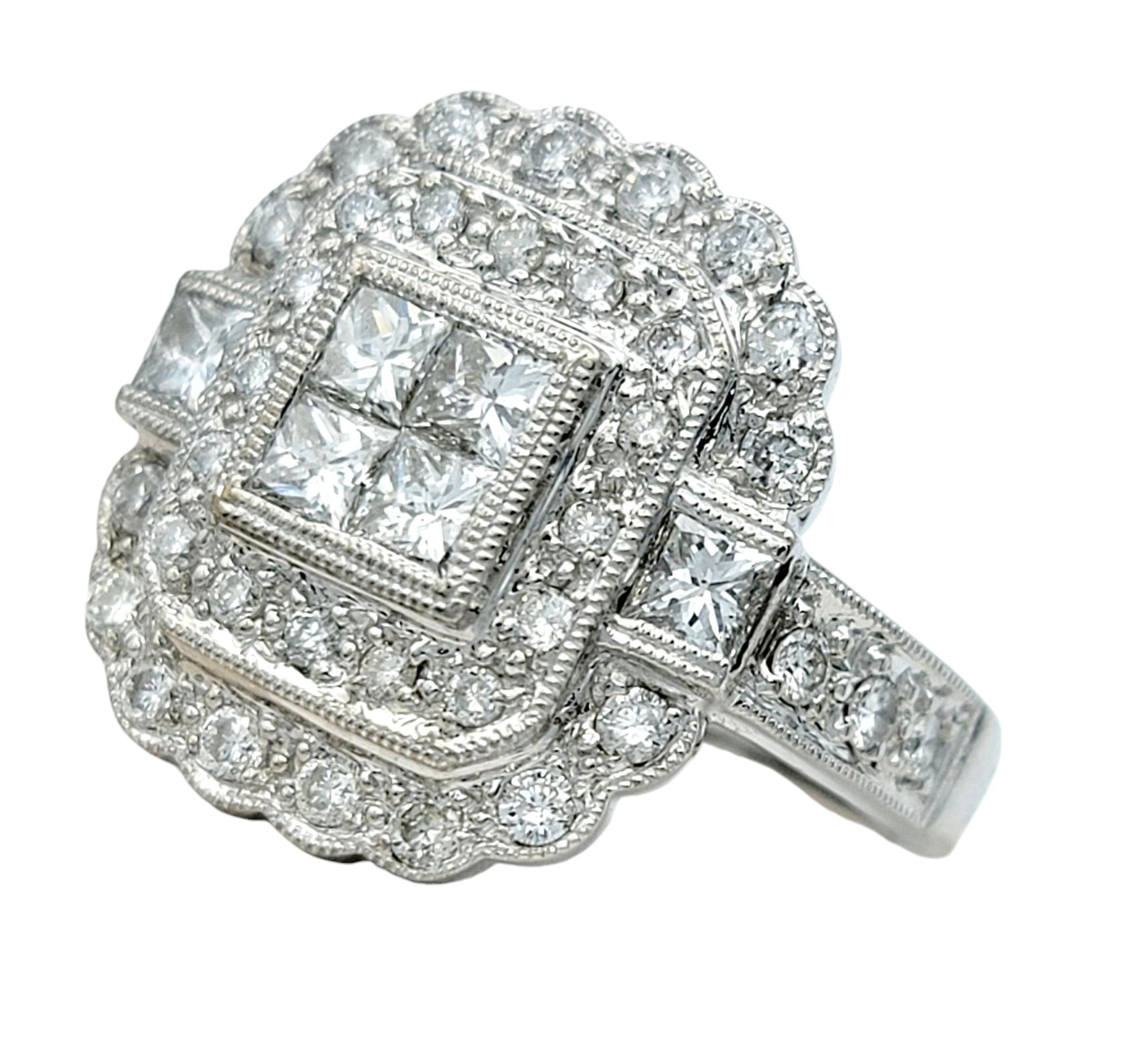 Princess Cut Invisible Set Diamond Double Halo Milgrain Engagement Ring 14 Karat White Gold For Sale
