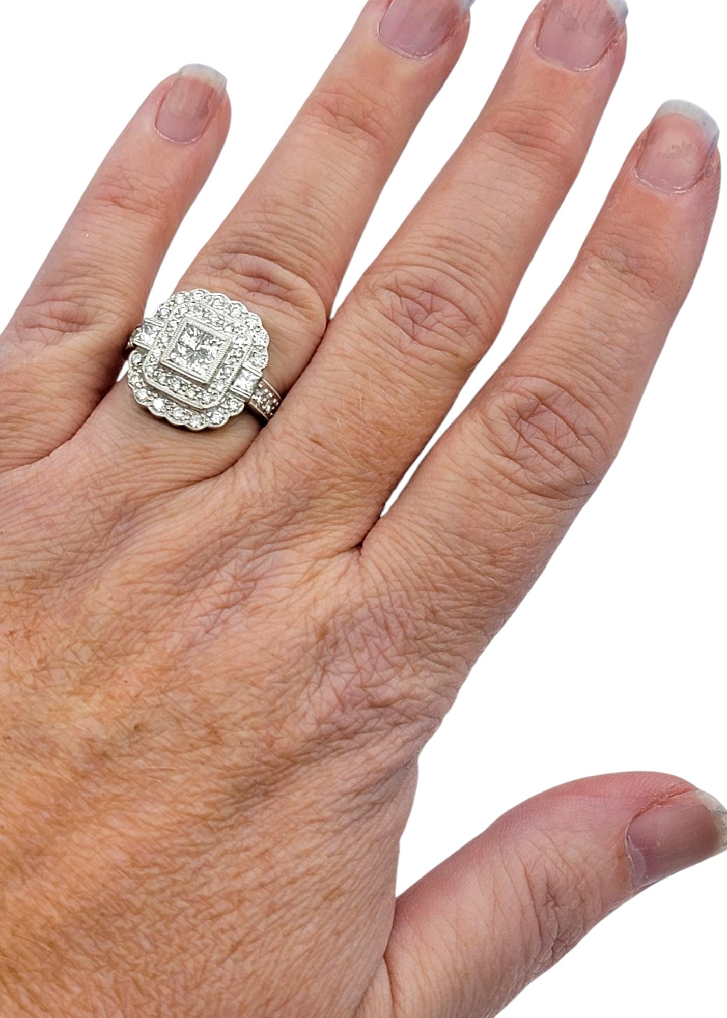 Invisible Set Diamond Double Halo Milgrain Engagement Ring 14 Karat White Gold For Sale 3