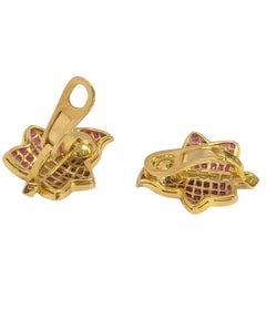 Invisible set Fine Ruby and Diamond Leaf Earrings set in Yellow Gold