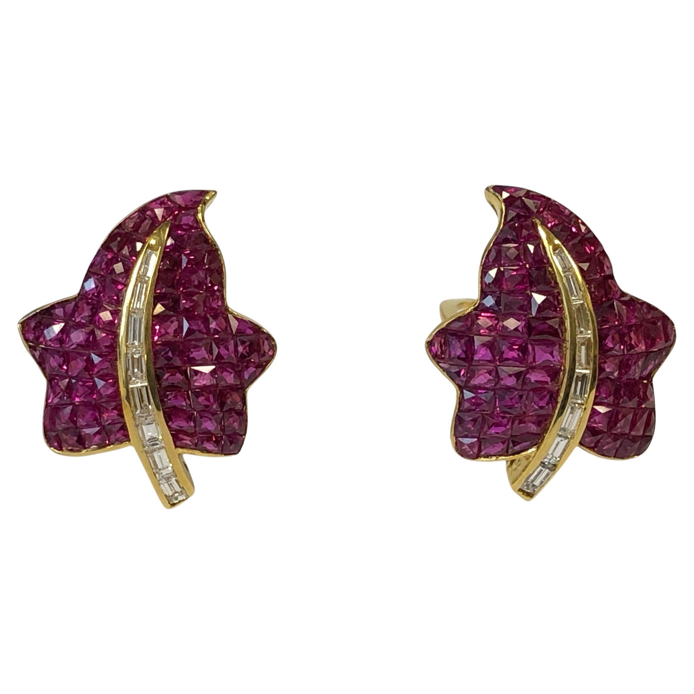 Invisible set Fine Ruby and Diamond Leaf Earrings set in Yellow Gold