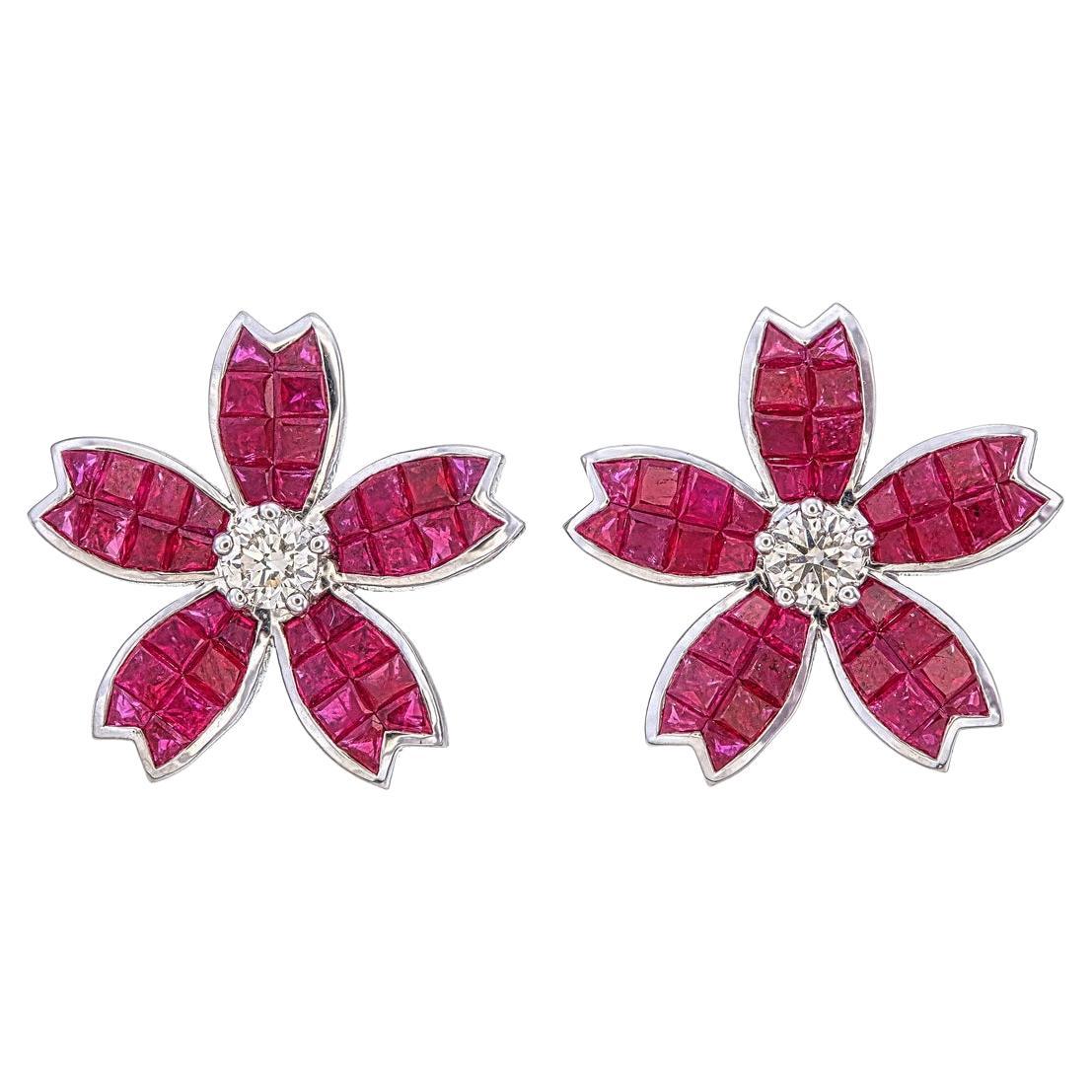 Invisible set flower ruby earrings For Sale