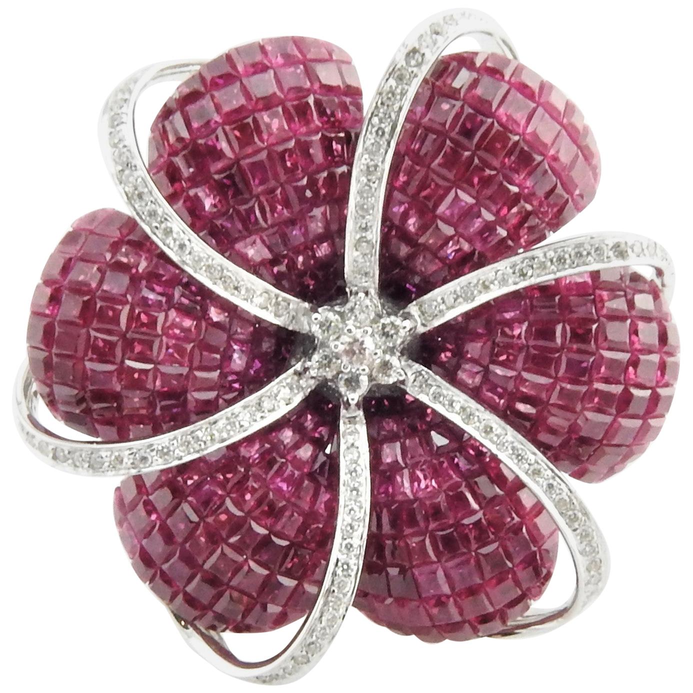 Invisible Set Genuine Ruby and Diamond Flower Brooch/Pendant 18 Karat White Gold