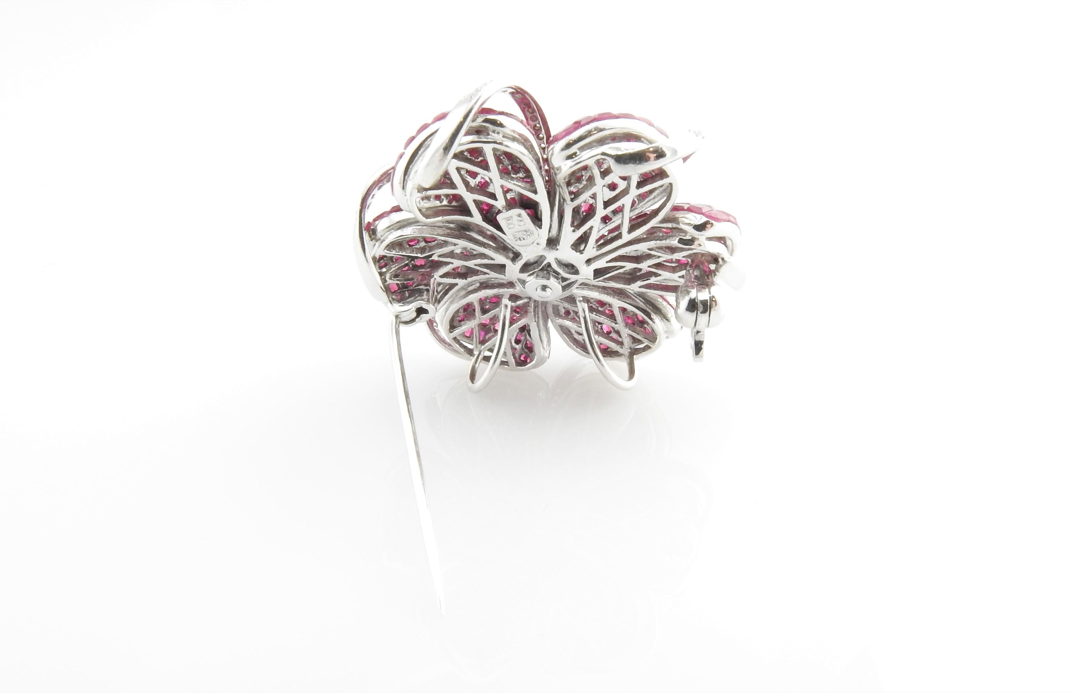 Women's Invisible Set Genuine Ruby and Diamond Flower Brooch/Pendant 18 Karat White Gold
