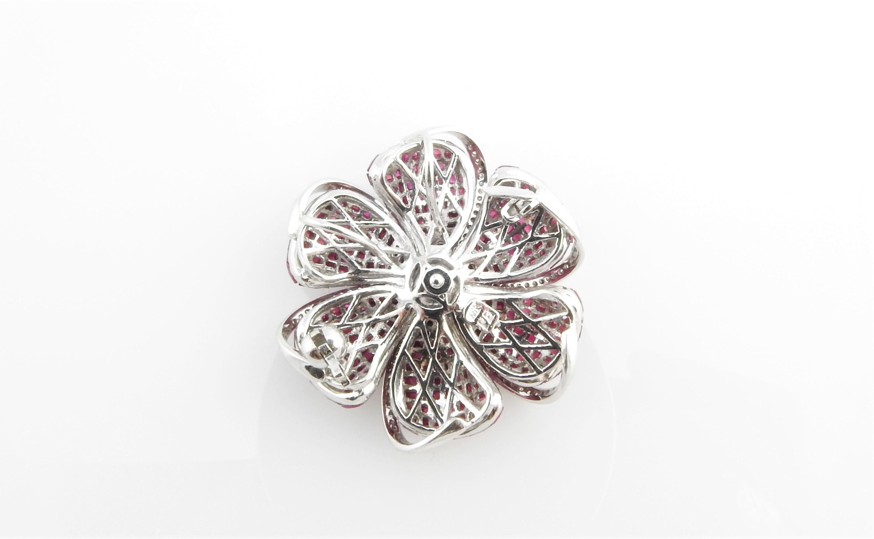 Invisible Set Genuine Ruby and Diamond Flower Brooch/Pendant 18 Karat White Gold 4