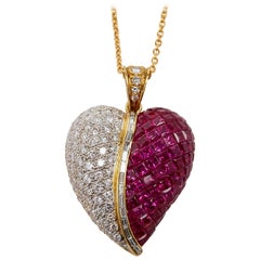 Invisible Set Genuine Ruby and Diamond Heart Pendant with Chain 18 Karat