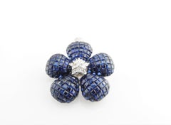Invisible Set Genuine Sapphire and Diamond Flower Pendant / Brooch 18K W.Gold