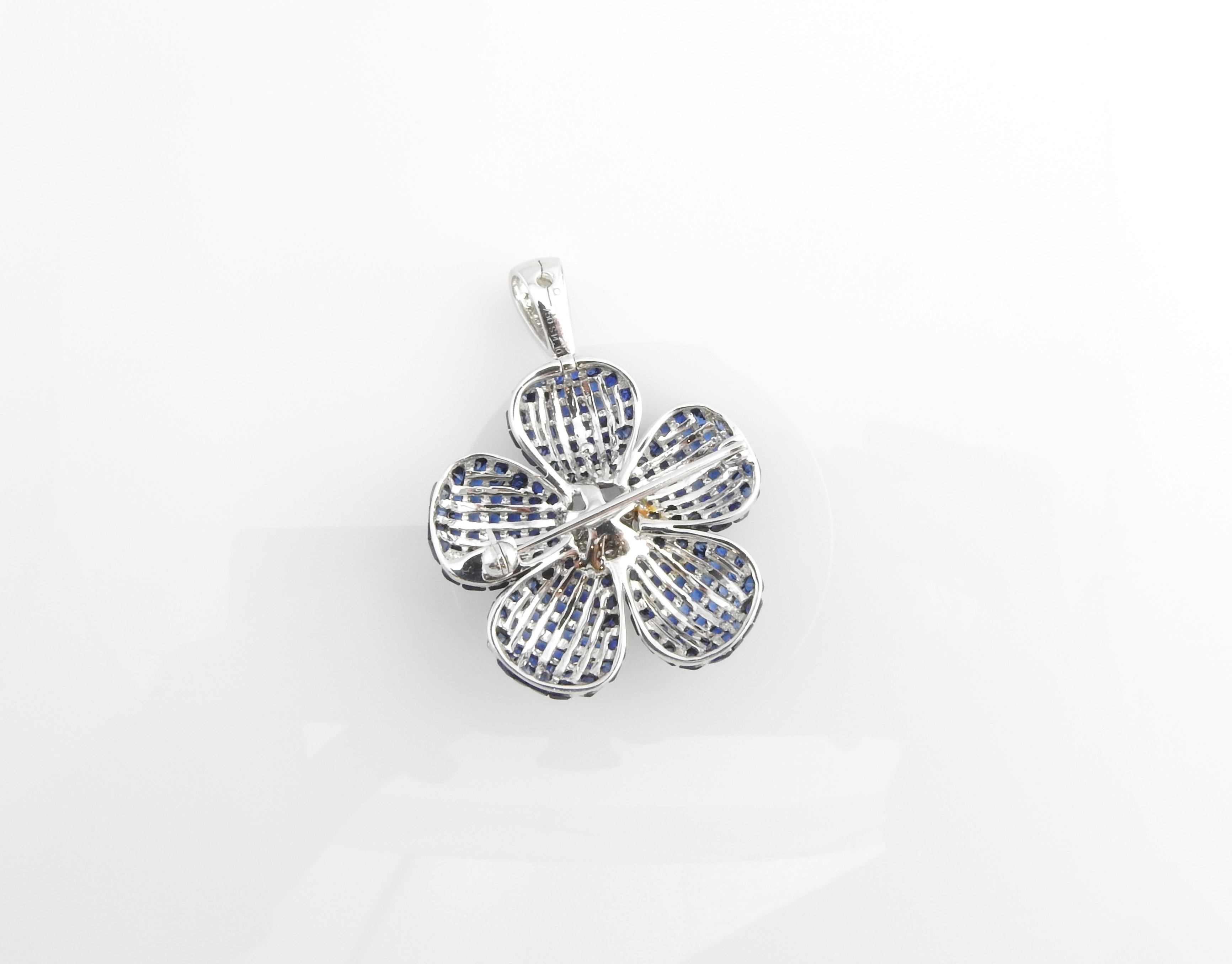 Women's Invisible Set Genuine Sapphire and Diamond Flower Pendant / Brooch 18K W.Gold