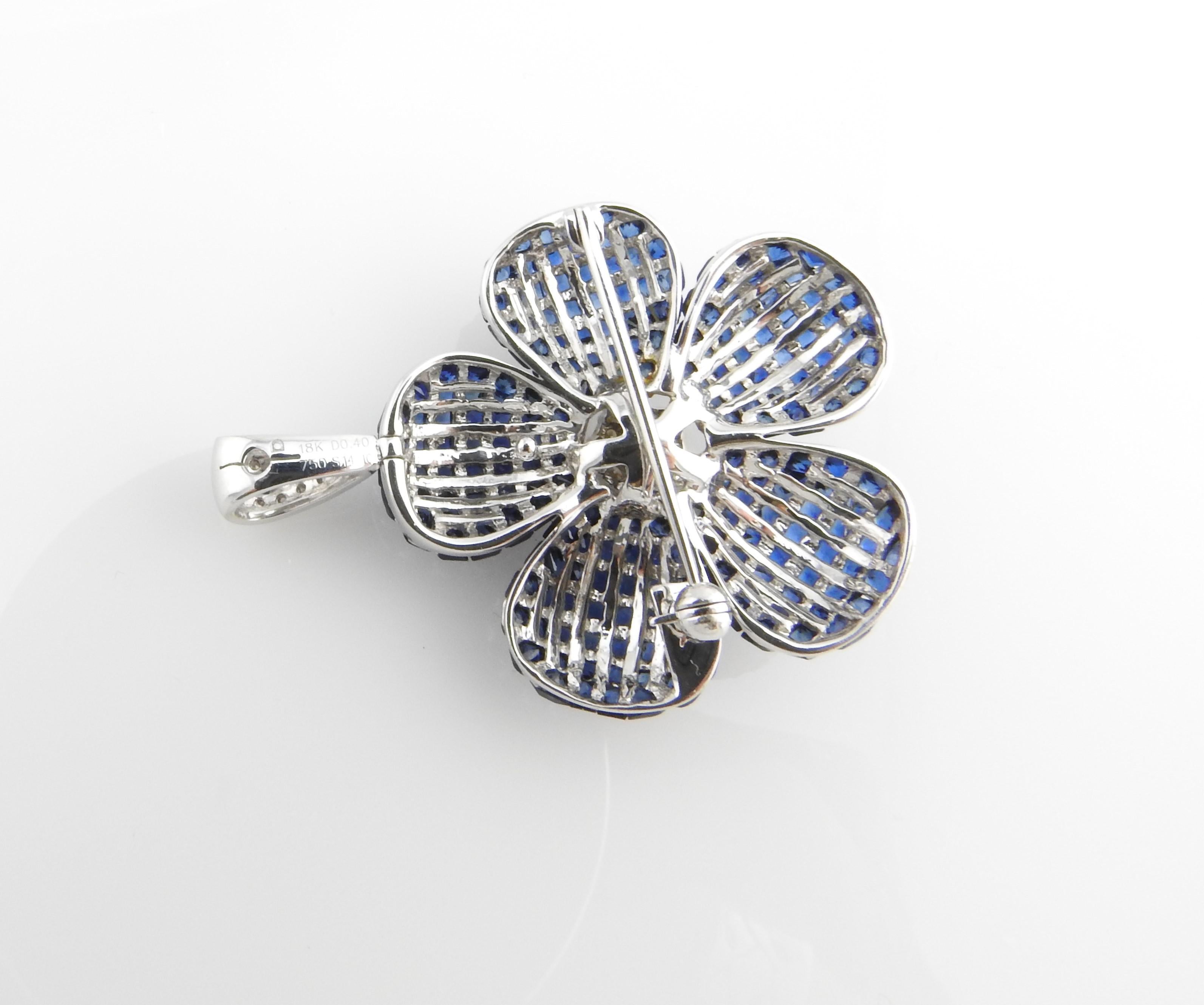 Invisible Set Genuine Sapphire and Diamond Flower Pendant / Brooch 18K W.Gold 1
