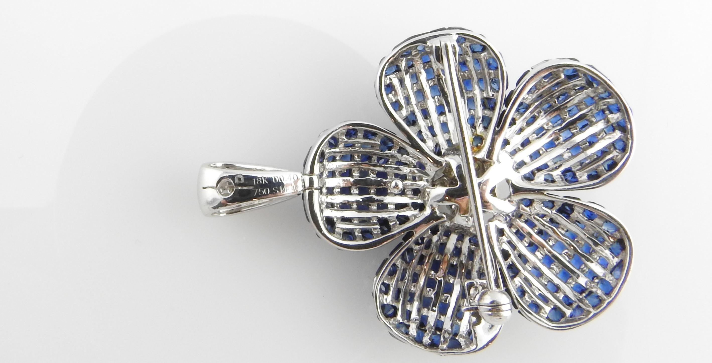 Invisible Set Genuine Sapphire and Diamond Flower Pendant / Brooch 18K W.Gold 2