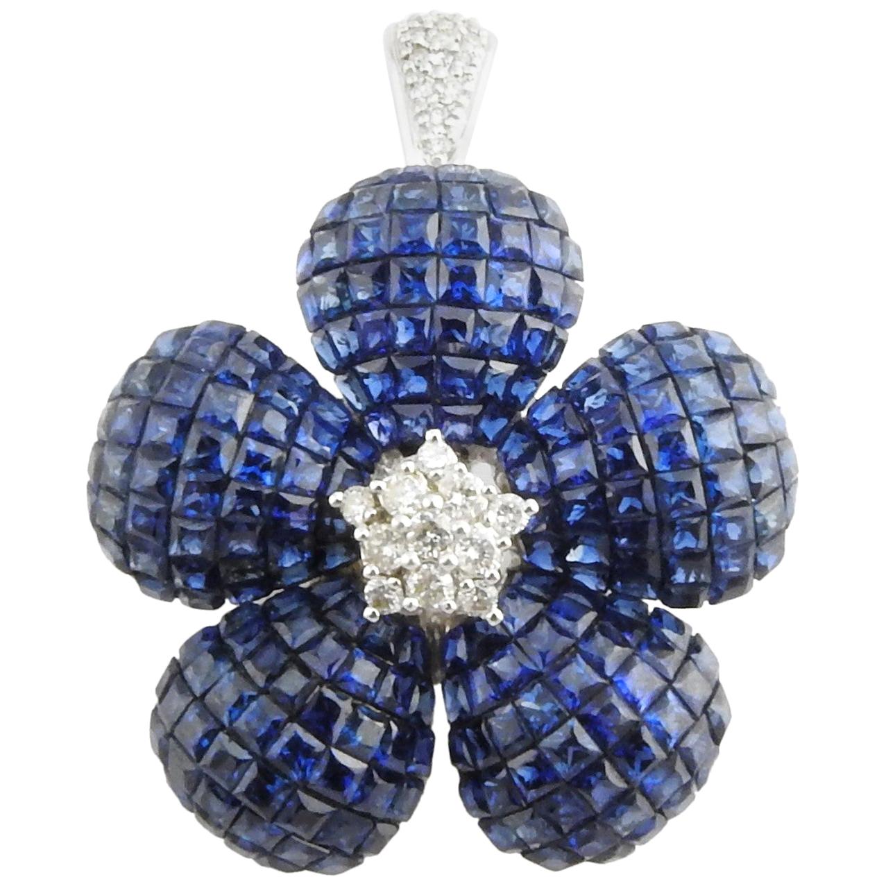 Invisible Set Genuine Sapphire and Diamond Flower Pendant / Brooch 18K W.Gold