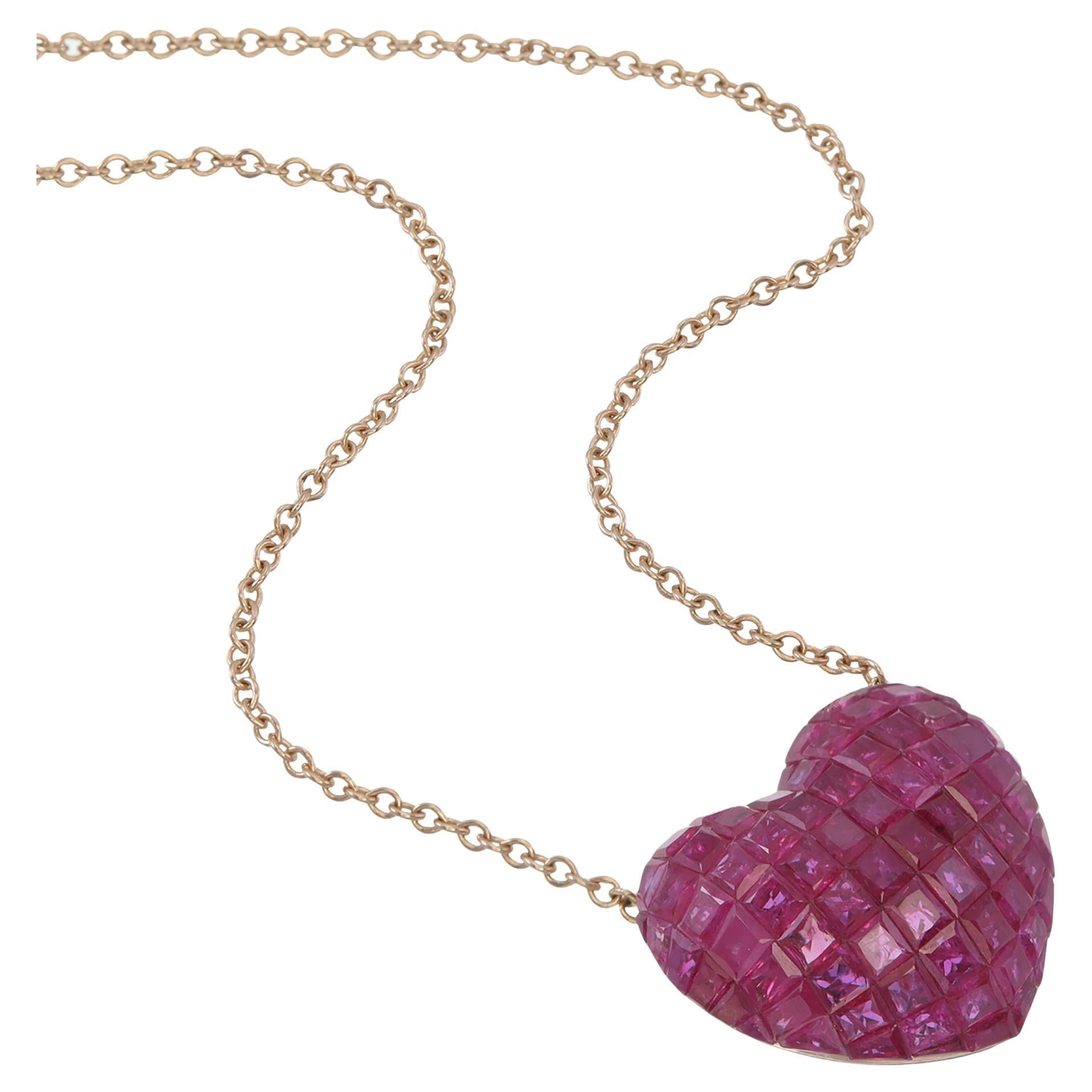 Invisible set Heart shape ruby Necklace in 18kt Rose gold For Sale