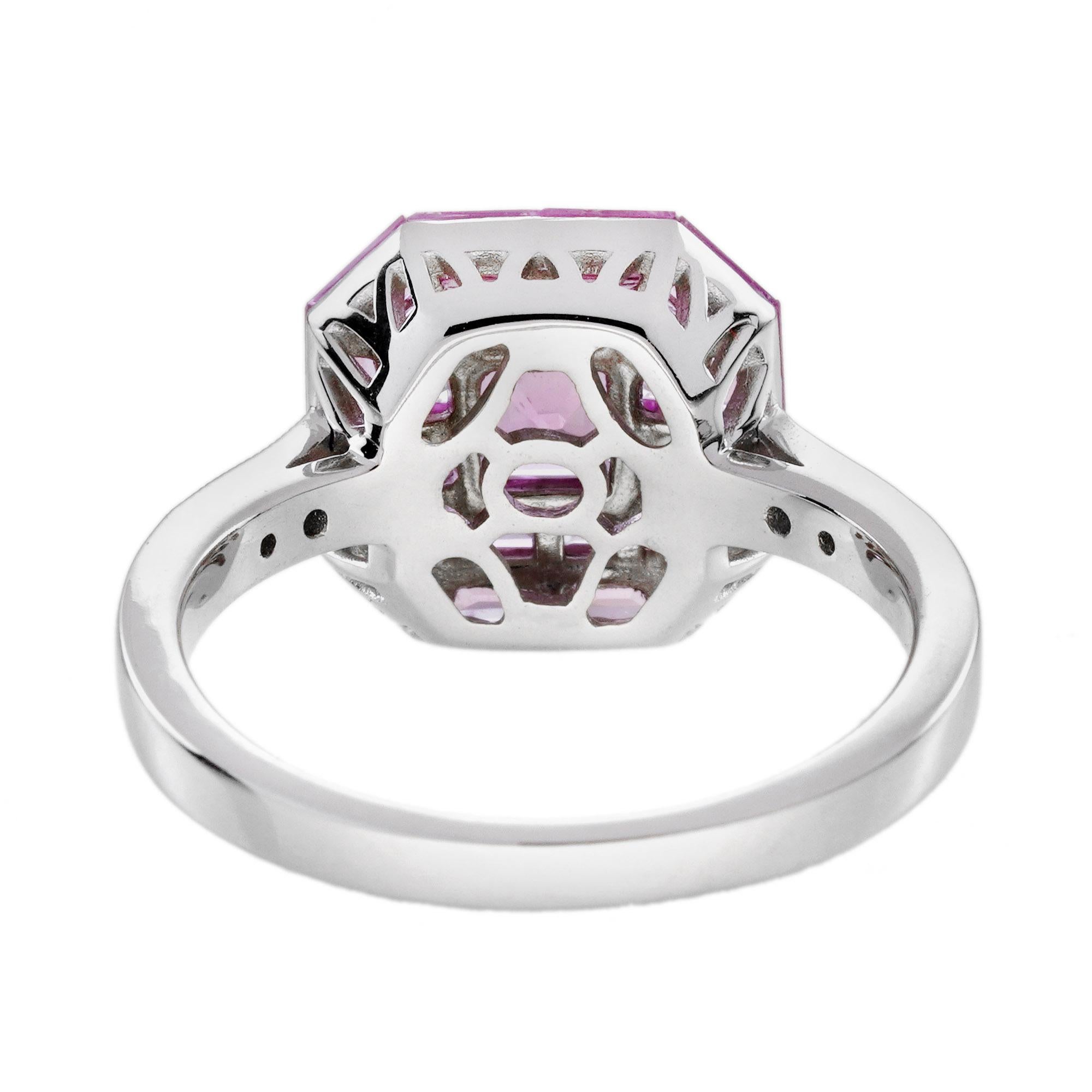 Invisible Set Pink Sapphire Diamond Art Deco Style Ring in 18K White Gold en venta 4