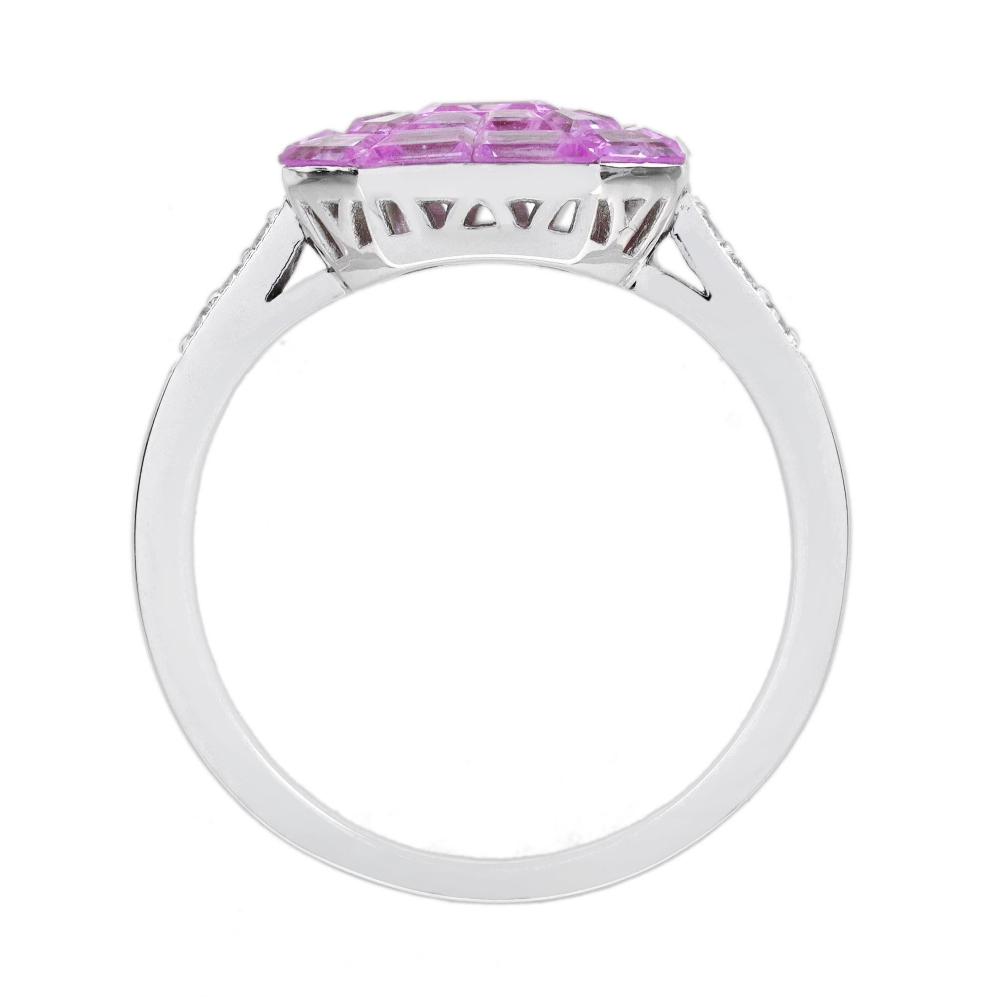 Invisible Set Pink Sapphire Diamond Art Deco Style Ring in 18K White Gold en venta 5