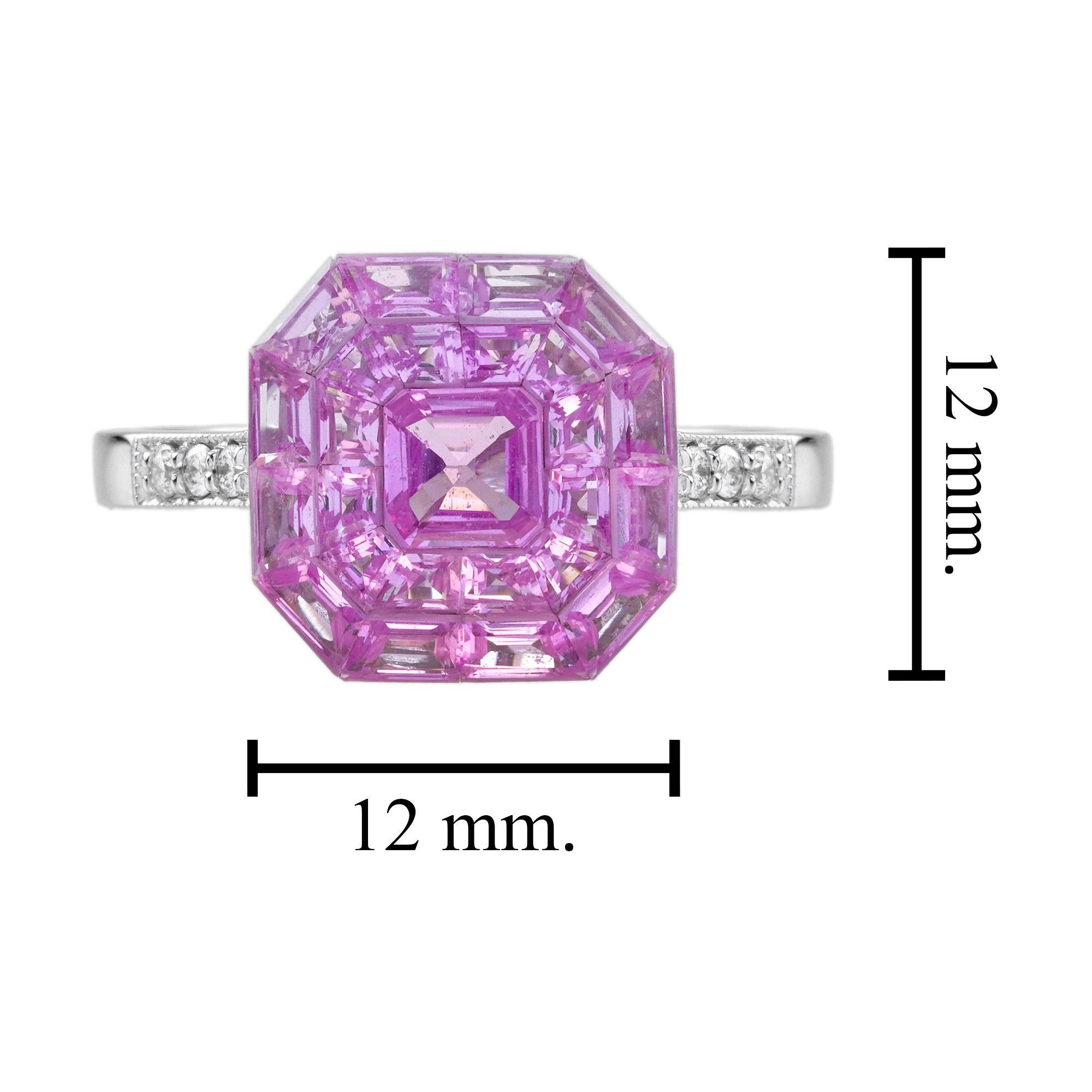 Invisible Set Pink Sapphire Diamond Art Deco Style Ring in 18K White Gold en venta 6