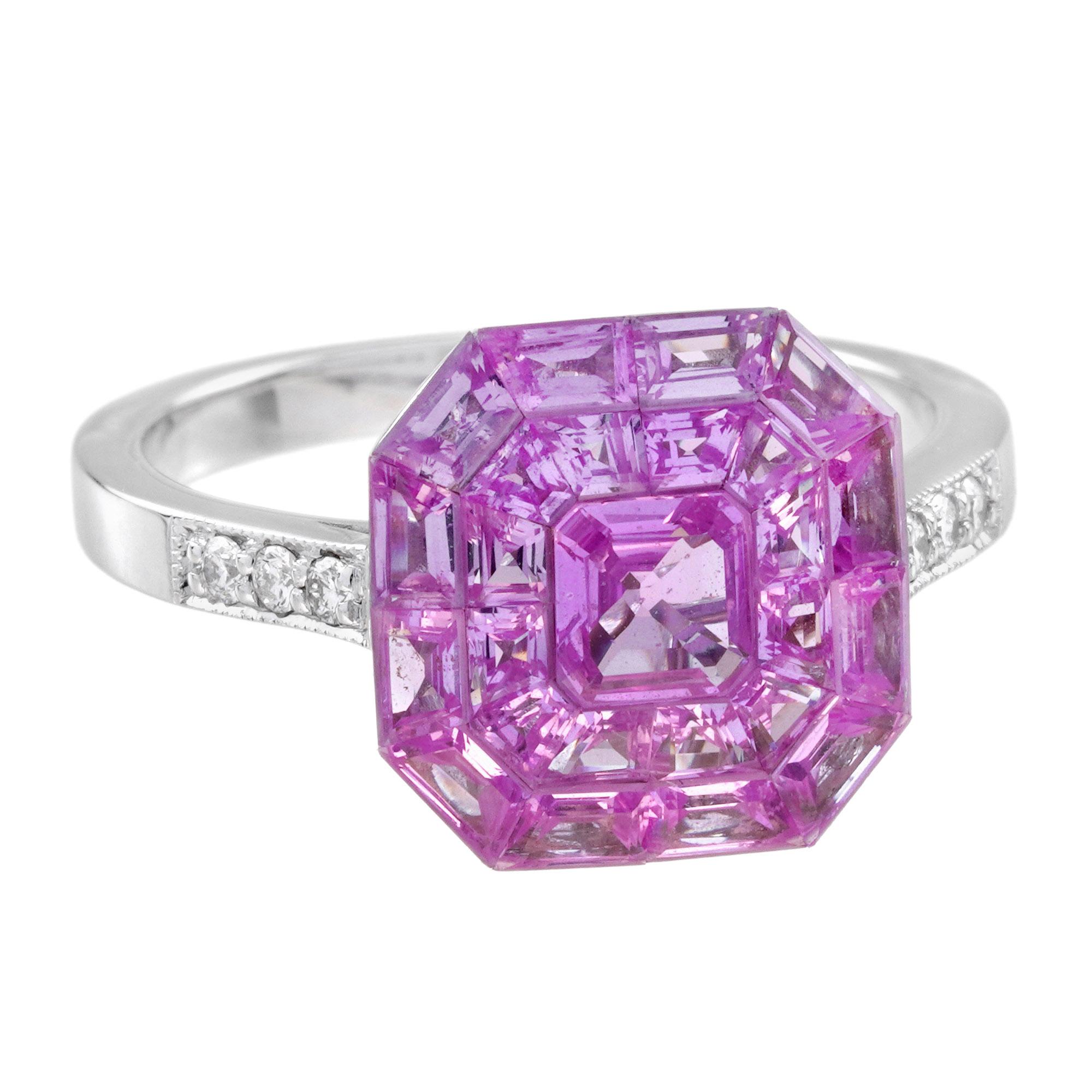 Invisible Set Pink Sapphire Diamond Art Deco Style Ring in 18K White Gold en venta 2