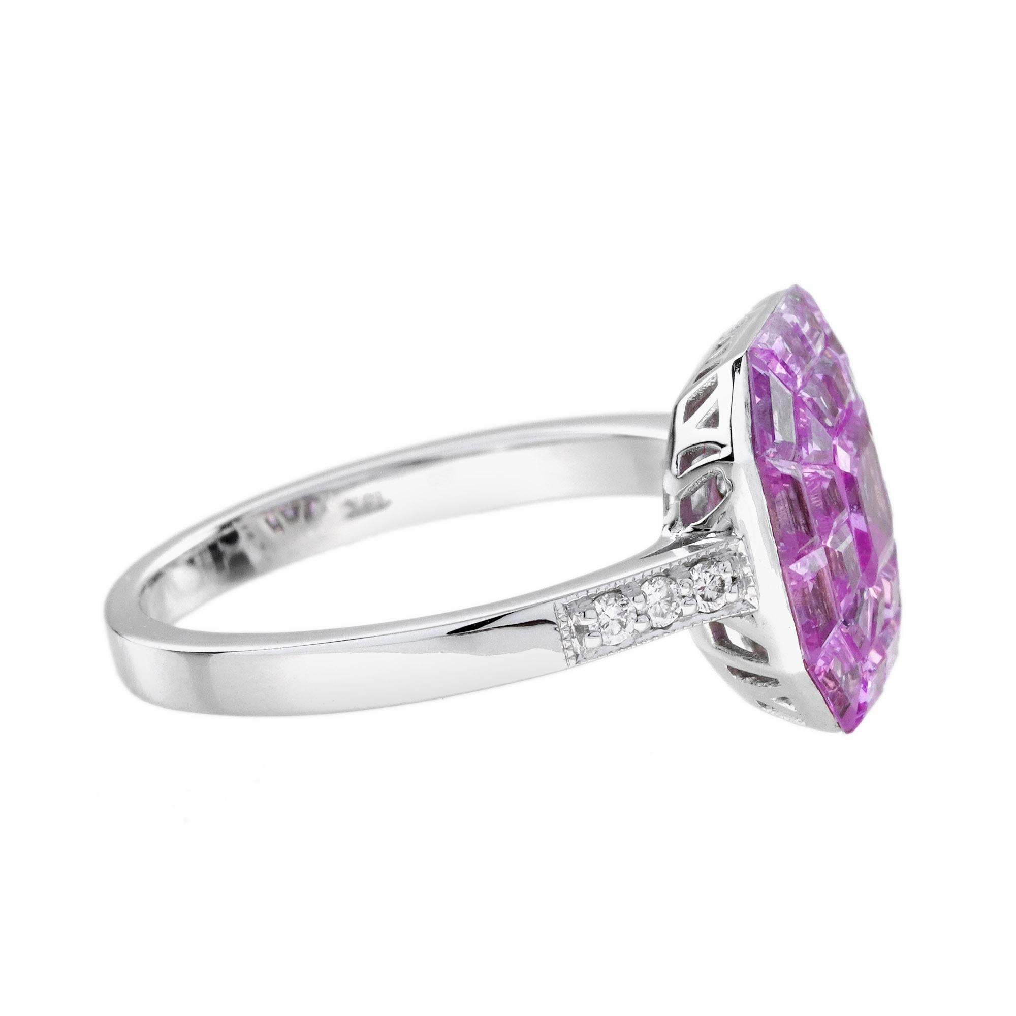 Invisible Set Pink Sapphire Diamond Art Deco Style Ring in 18K White Gold en venta 3