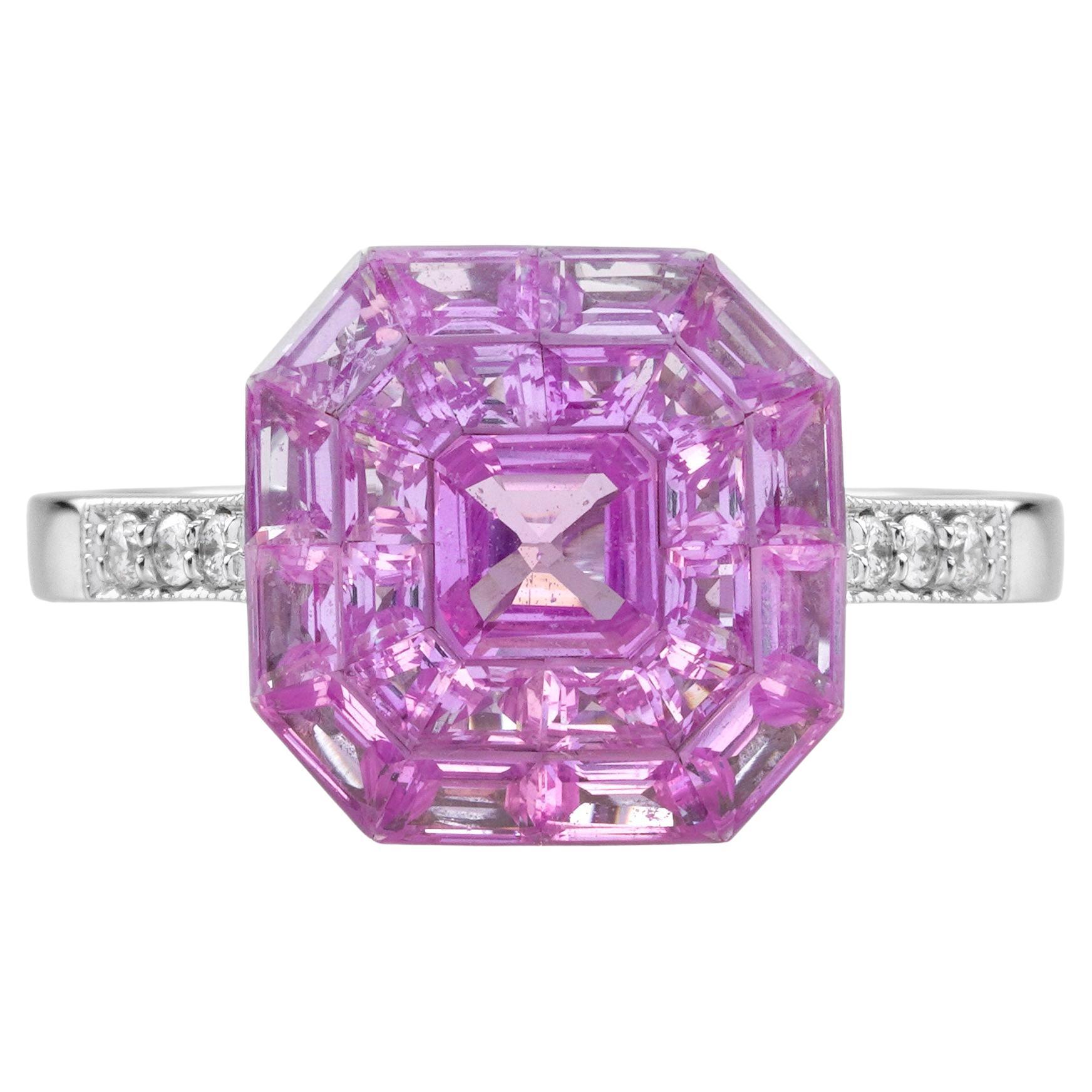 Invisible Set Pink Sapphire Diamond Art Deco Style Ring in 18K White Gold
