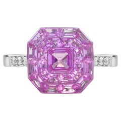 Invisible Set Pink Sapphire Diamond Art Deco Style Ring in 18K White Gold