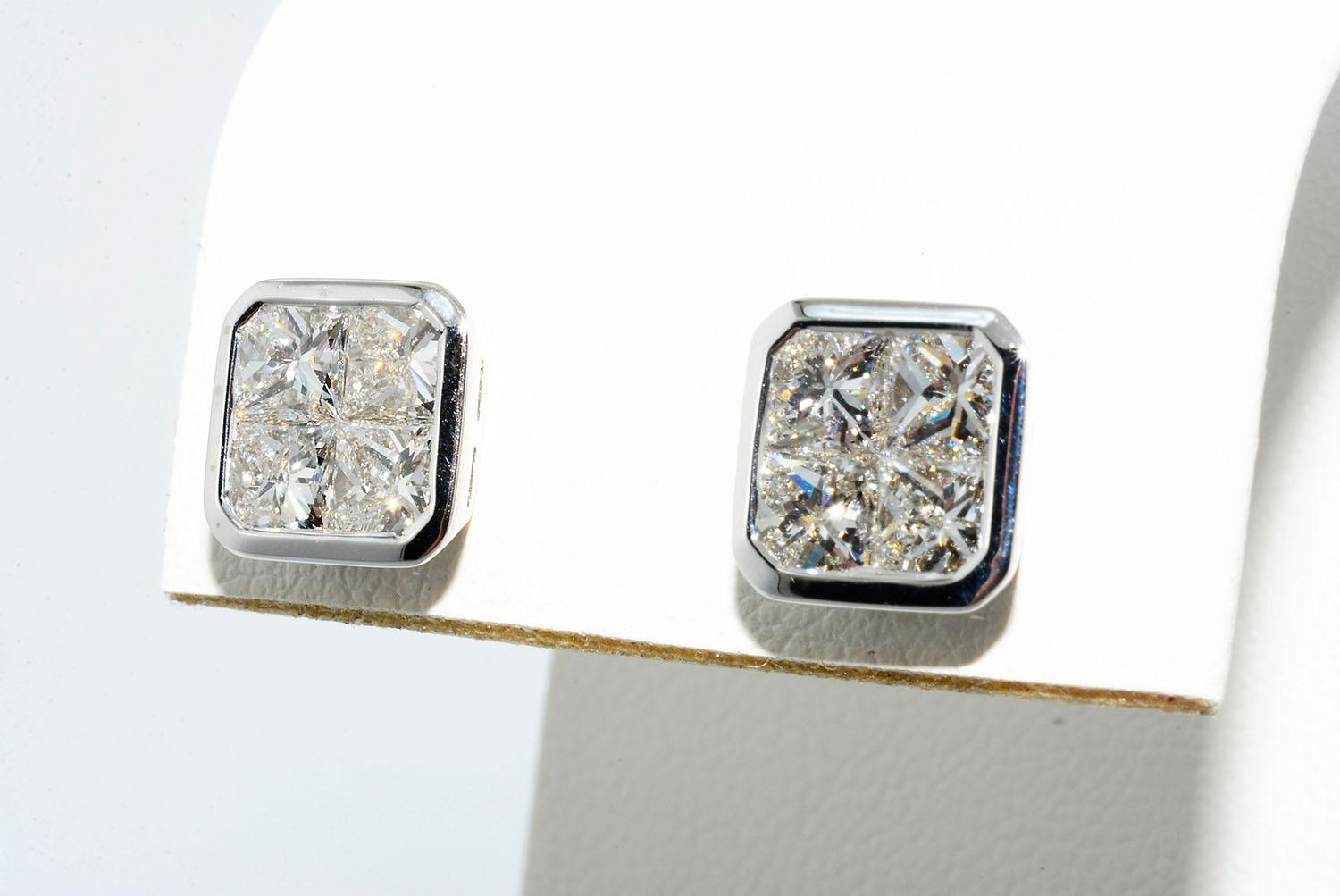 Modern Invisible Set Princes Cut Diamond Studs 18 Karat White Gold