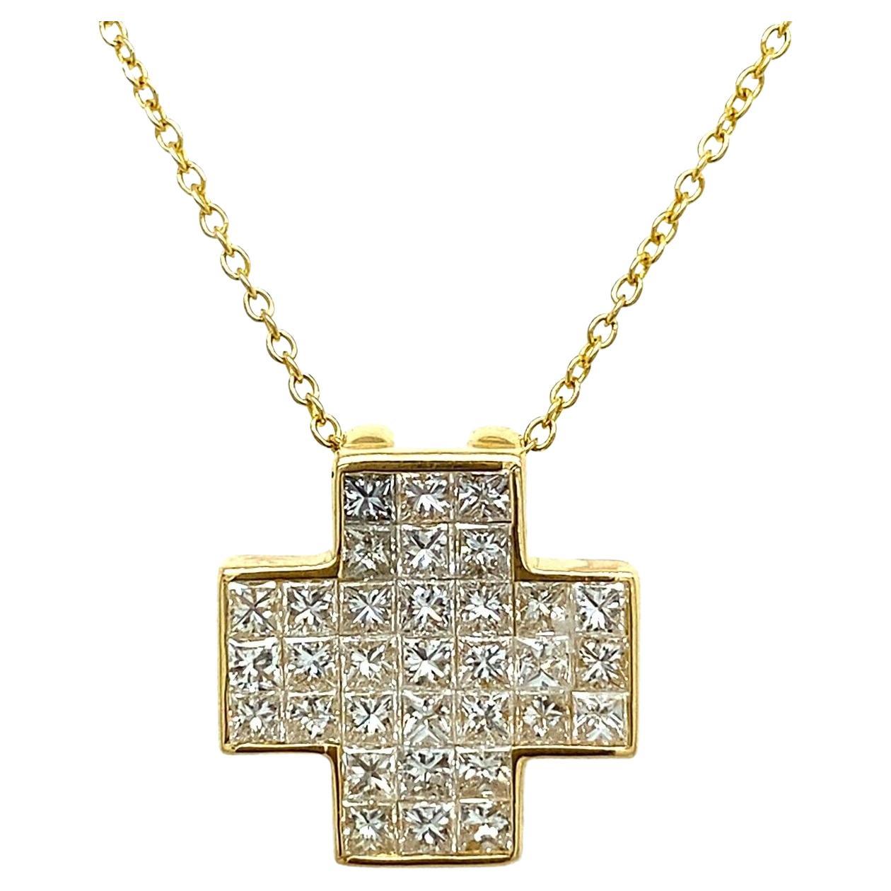 Invisible Set Princess Cut Diamond Cross 1.30ct of Diamonds in 18ct Yellow Gold For Sale