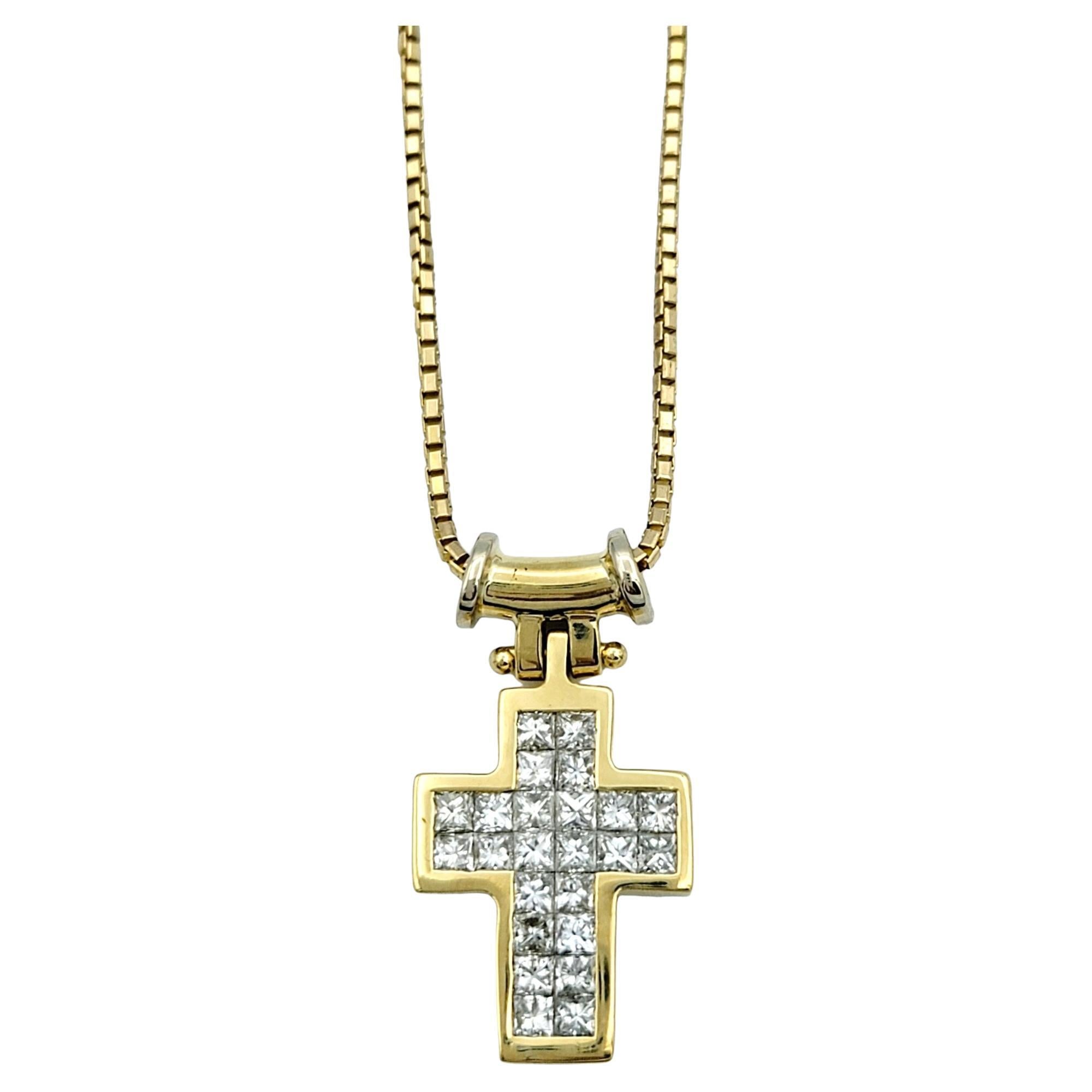 Discover divine elegance with this exquisite diamond cross pendant necklace, crafted in radiant yellow gold. The cross pendant features square princess cut diamonds, invisibly set to create a seamless and sophisticated look. Each diamond sparkles