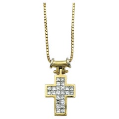 Invisible Set Princess Cut Diamond Cross Pendant Necklace in Yellow Gold